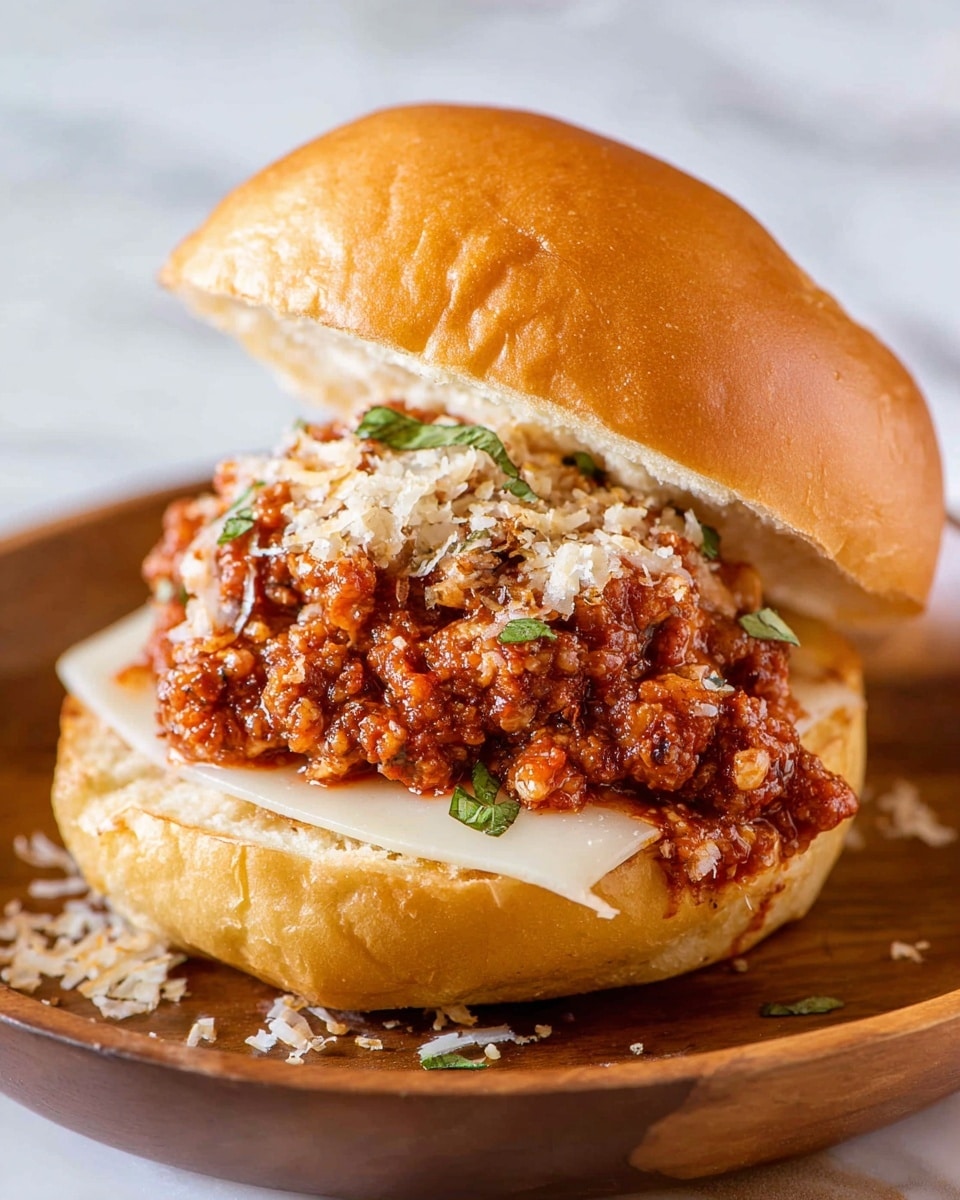 A close-up of a sandwich with a shiny, golden-brown top bun slightly lifted to show the filling. The sandwich has three main layers: a bottom layer of light golden toasted bun, a thick middle layer of melted white cheese, and a top layer of chunky reddish-brown meat sauce with visible bits of ground meat and tomato. On top of the sauce, there are small green herb pieces and thin shavings of pale cheese. The sandwich sits on a white plate with a white marbled texture background. Photo taken with an iphone --ar 4:5 --v 7