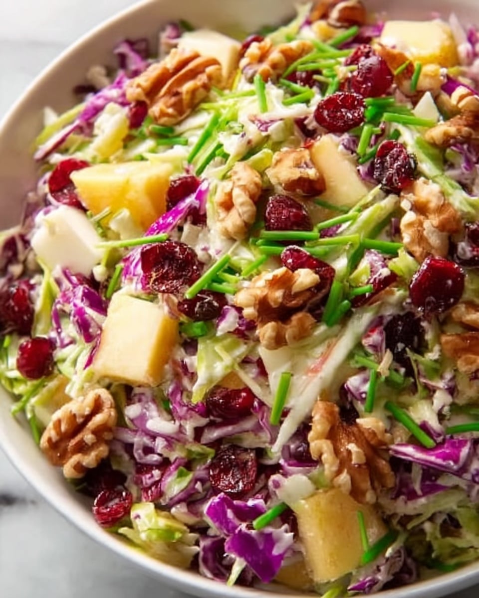 A close-up view of a colorful salad in a white bowl, showing multiple layers including shredded light green cabbage at the base, topped with bright red pomegranate seeds, small chunks of pale yellow apple with red skin, pieces of walnut, and thin green chive sticks scattered throughout. The textures range from crunchy cabbage to juicy apple and nuts, making it visually rich and fresh. The bowl is placed on a white marbled surface. Photo taken with an iphone --ar 4:5 --v 7