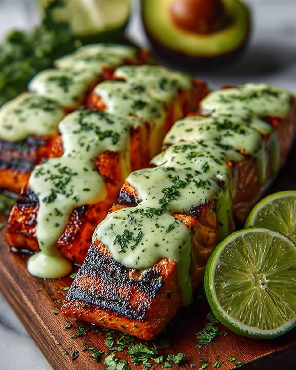 Two thick pieces of grilled salmon with a dark, crispy, and slightly charred outside are placed side by side on a wooden cutting board. Each salmon piece has four grilled sections, showing a rich orange color inside. A creamy light green sauce with small chopped herbs is generously drizzled over the top of the salmon, flowing down the sides. Fresh chopped green herbs are sprinkled on the fish and around the board. Next to the salmon, there are two halves of a lime, showing their juicy green interior. In the background, a sliced avocado can be seen blurred. The photo is taken on a white marbled textured surface. photo taken with an iphone --ar 4:5 --v 7
