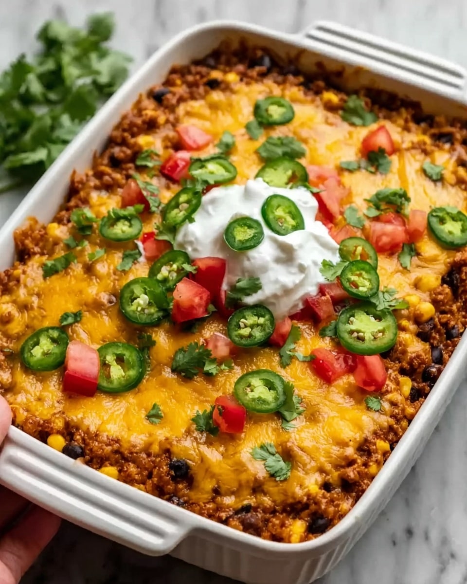 A blue baking dish filled with a layered casserole. The bottom layer is a mix of browned ground meat and diced vegetables in a reddish-brown sauce, topped with a thick layer of melted bright yellow shredded cheese that covers the whole dish unevenly. The dish is placed on a beige cloth with a blurred silver spoon and white plate in the background on a white marbled texture. photo taken with an iphone --ar 4:5 --v 7