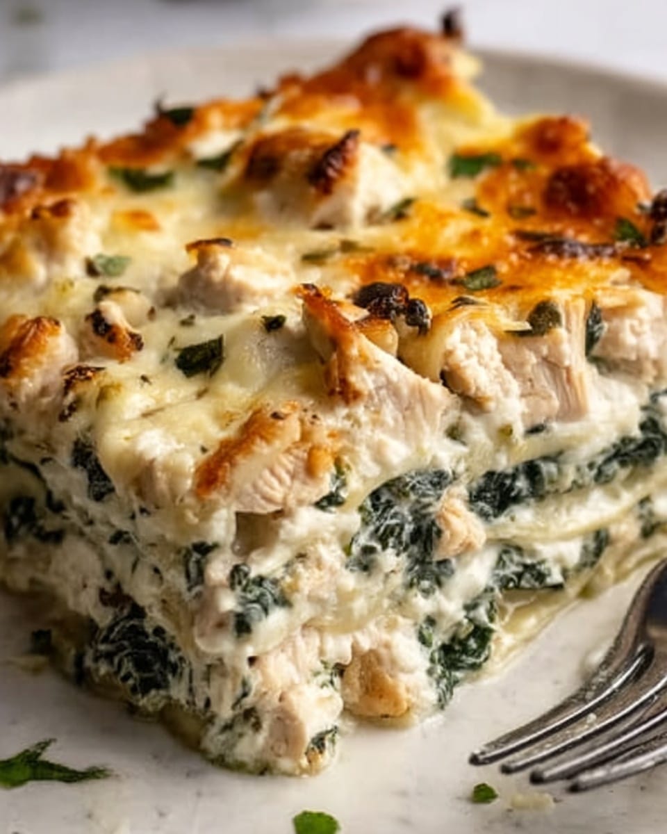 A close-up view of a slice of lasagna showing multiple layers, starting with a creamy white sauce base at the bottom, followed by a thick layer of chopped cooked spinach mixed with chunks of white chicken meat. Above these layers is a golden-brown melted cheese topping with slightly crispy edges and small browned spots. The texture of the cheese layer looks gooey and soft while the chicken and spinach layer appears tender and moist. The slice is set on a white marbled surface, with a fork slightly visible nearby, held by a woman's hand. photo taken with an iphone --ar 4:5 --v 7