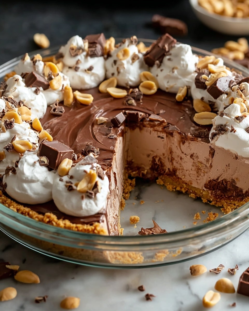 A round chocolate mousse pie with at least three visible layers: a crumbly golden brown base, a thick middle layer of smooth light chocolate mousse, and a shiny dark chocolate topping. The pie is decorated around the edge with dollops of white whipped cream, each topped with pieces of nuts, small chunks of dark chocolate, and crushed nuts scattered all over. There are also some whole peanuts on top. The pie is in a clear glass pie dish with some melted chocolate dripping down the side, placed on a white marbled texture. Photo taken with an iphone --ar 4:5 --v 7
