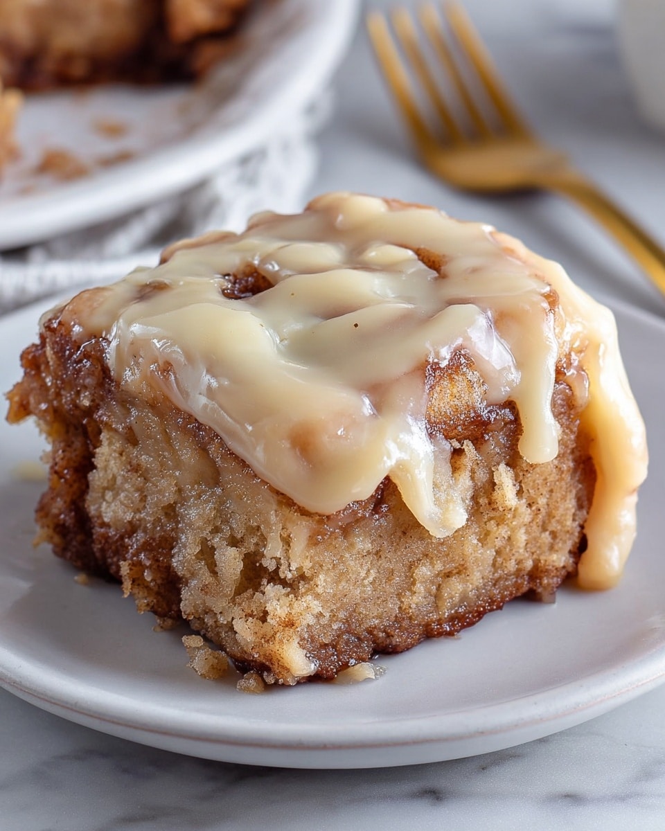 A piece of cinnamon roll sits on a white plate with a close-up view, showing one thick bottom layer of soft, baked dough in light brown with visible cinnamon swirls. On top, a thick, creamy layer of light beige glaze is spread unevenly, dripping slightly down the sides, giving a smooth and shiny texture. The background is a white marbled texture with a beige fork positioned slightly out of focus beside the plate photo taken with an iphone --ar 4:5 --v 7