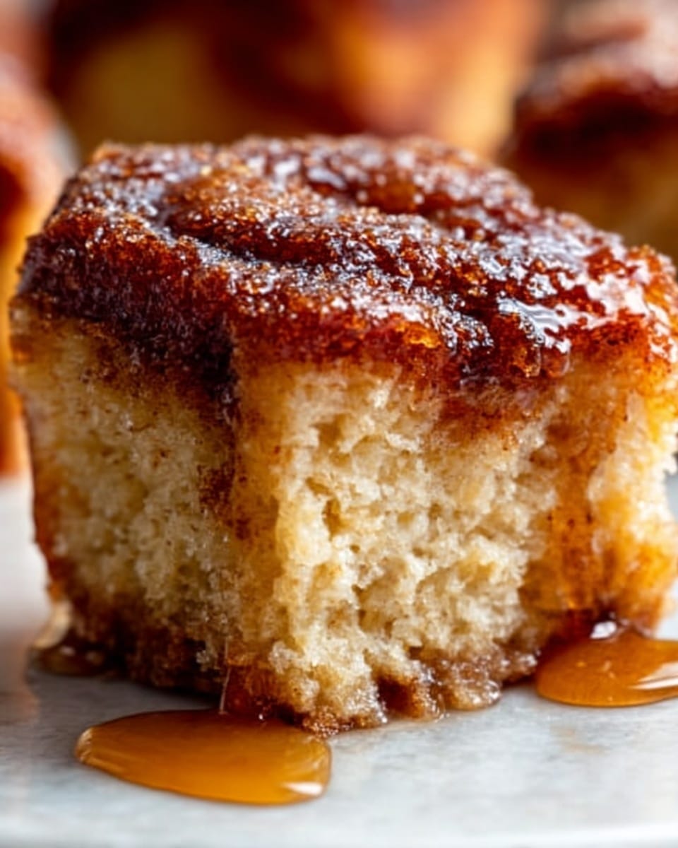 A close-up image of a single square piece of sticky cinnamon roll showing a soft, light brown inside with a slightly crumbly texture. The top layer is caramelized and darker brown with a shiny, sticky glaze. Golden caramel sauce is slowly dripping down the side onto a surface with a white marbled texture. The background is blurred warm brown tones. The photo is bright and cozy, focused on the moist and sweet details of the cinnamon roll photo taken with an iphone --ar 4:5 --v 7