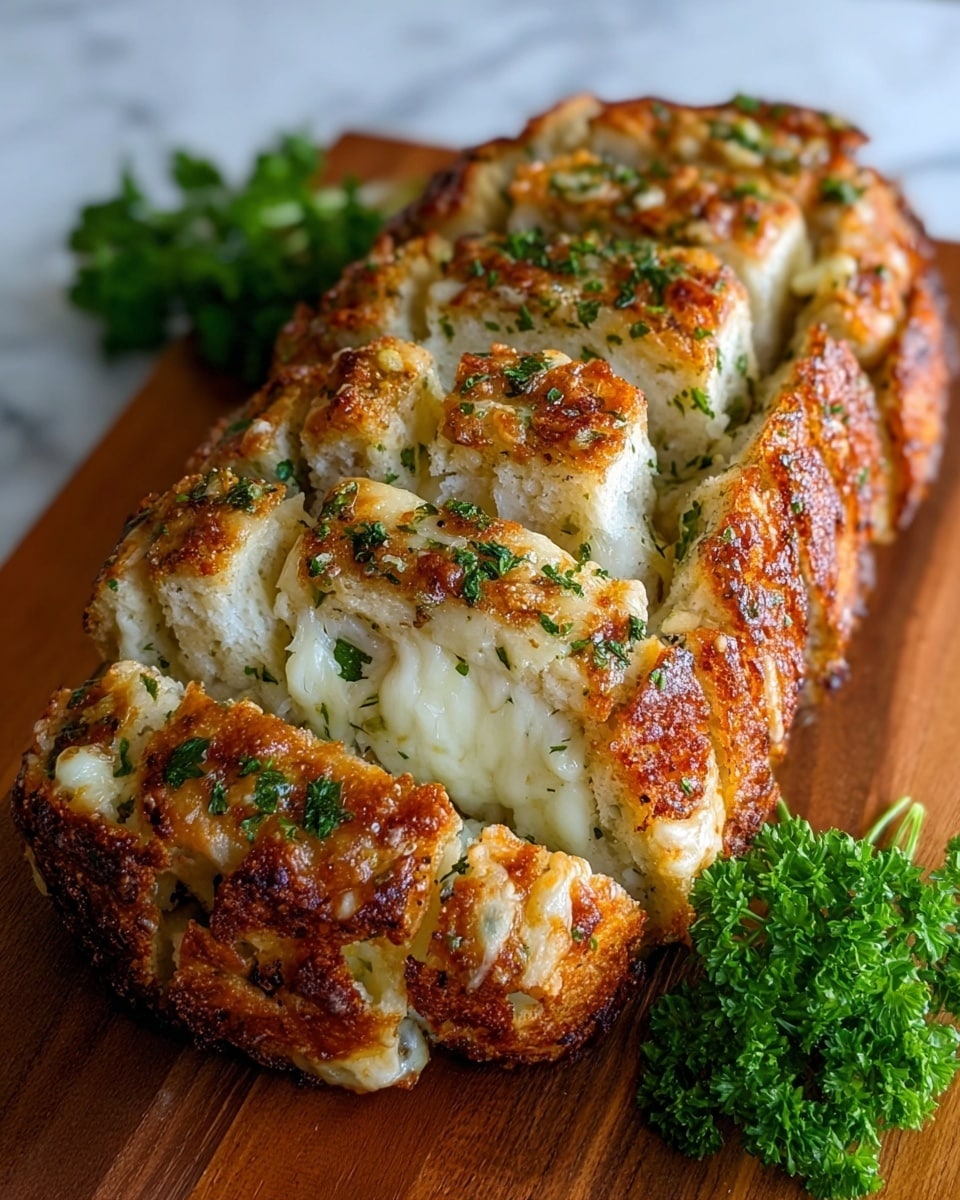 The image shows a loaf of pull-apart bread cut into thick slices, with each slice stuffed with gooey, melted white cheese and sprinkled with bright green herbs throughout. The bread has a golden brown, crunchy crust with a slightly charred texture in spots, giving it a rustic, toasted look. The inside is soft and filled generously with the creamy cheese that oozes out between the layers. The loaf is placed on a wooden board, and there is a small bunch of fresh green parsley next to it. The background is a white marbled texture. photo taken with an iphone --ar 4:5 --v 7