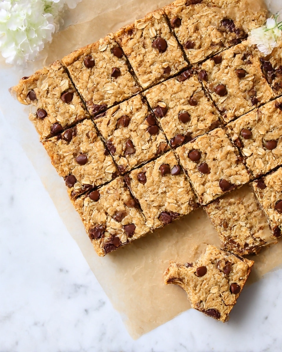 The image shows a batch of golden brown oat chocolate chip bars cut into 12 square pieces arranged neatly on light brown parchment paper. Each bar has a rough, textured top layer speckled with shiny, melted dark chocolate chips and scattered oats, creating a mix of light beige and dark brown colors. One square bar is separated from the group at the bottom, showing its soft, crumbly edges and bottom crust layer. The bars rest on a clean white marbled surface with a small cluster of soft white flowers placed nearby, adding a delicate contrast. Photo taken with an iphone --ar 4:5 --v 7