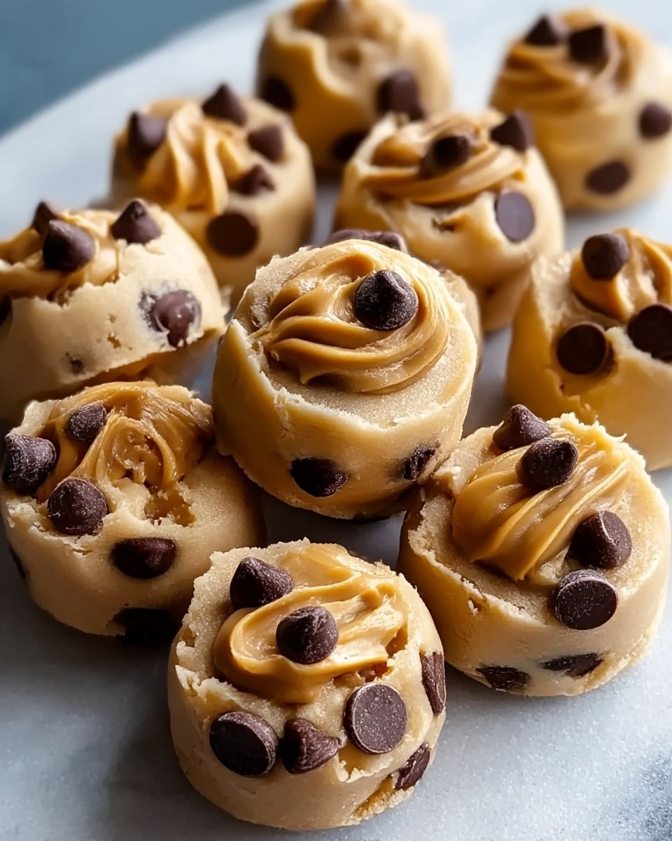 The image shows a close-up of small round cookie dough bites arranged together on a white marbled surface. Each bite has a smooth light brown dough base with tiny dark chocolate chips mixed inside and on top. Swirls of thick caramel sauce decorate the top of every bite, creating a rich texture contrast. The bites are set closely in a slightly uneven cluster, showing their rounded shape and soft finish. The background is softly blurred to keep focus on the detailed texture of the dough and chocolate pieces. photo taken with an iphone --ar 4:5 --v 7