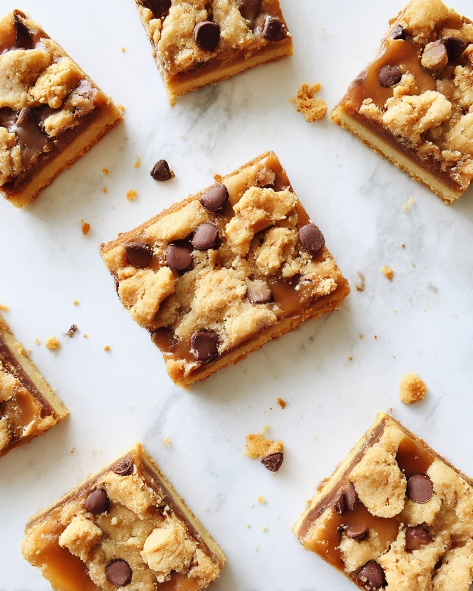The image shows several square dessert bars placed on a white marbled surface. Each bar has three visible layers: a dark brown base layer that looks firm and dense, a thick caramel layer in the middle with a smooth, shiny texture and chocolate chips scattered within, and a crumbly, golden-brown topping with a slightly rough and uneven surface that covers parts of the caramel and chocolate chips. Some crumbs are scattered around the bars, adding to the texture detail. The bars are cut evenly and positioned with space between them. Photo taken with an iphone --ar 4:5 --v 7