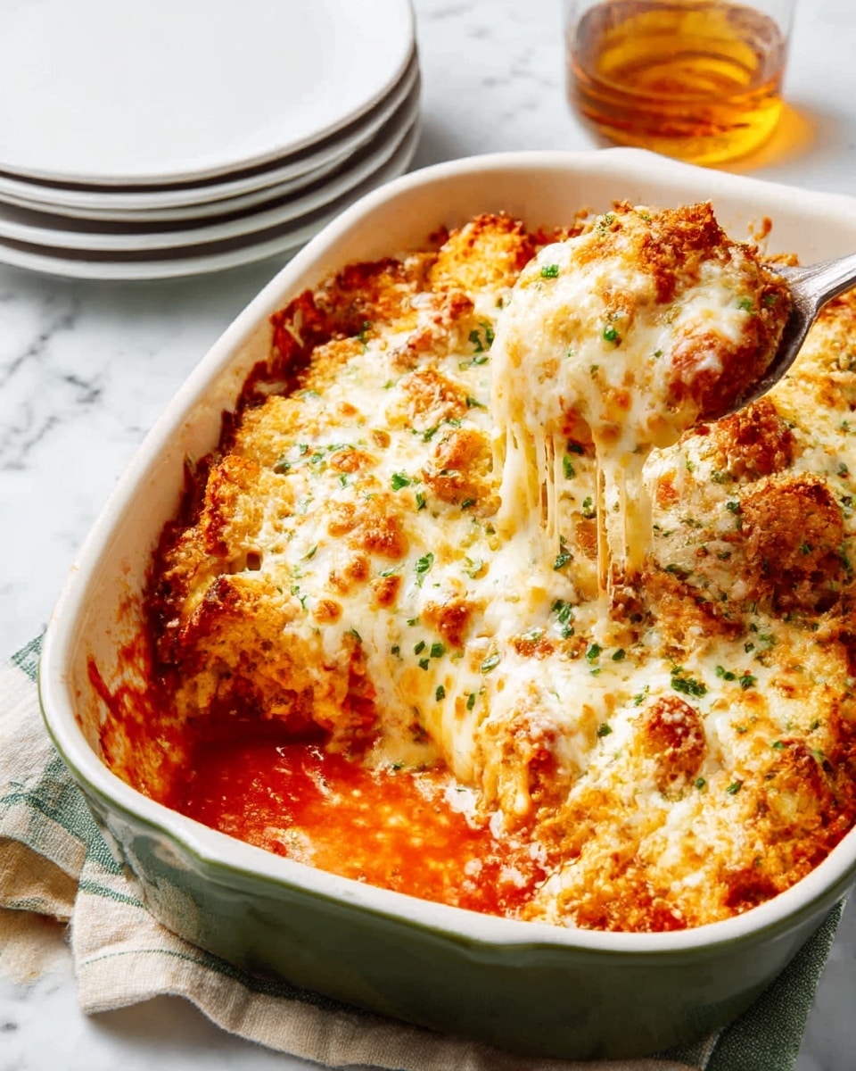 A baked dish in a green casserole shows a top layer of golden brown, crunchy bread cubes mixed with melted white cheese bubbly with a few browned spots, sitting on a sauce layer of bright red-orange that peeks around the edges. The casserole dish rests on a green and cream cloth on a white marbled surface, with two white plates stacked nearby and a glass with an amber drink in the background. The textures range from soft melted cheese to crispy bread pieces on top photo taken with an iphone --ar 4:5 --v 7