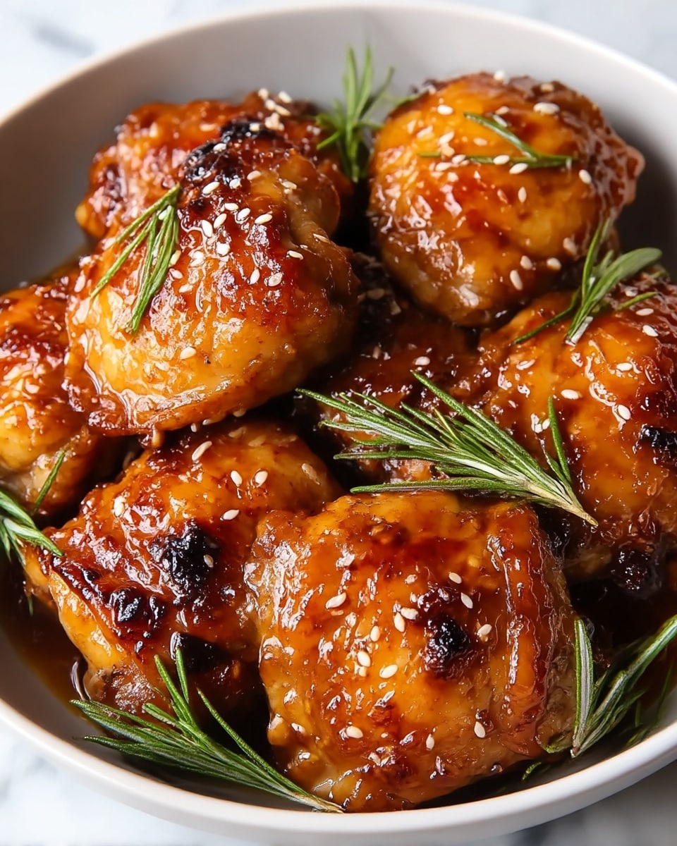A close-up view of six glazed, golden-brown chicken thighs in a white bowl, each piece showing crispy edges with a shiny, sticky sauce coating. The chicken is sprinkled with small white sesame seeds and fresh green rosemary leaves scattered on top and around the pieces. The texture of the chicken looks tender and juicy, with a few charred spots adding contrast. The bowl is placed on a white marbled surface, making the warm colors of the chicken stand out clearly. photo taken with an iphone --ar 4:5 --v 7