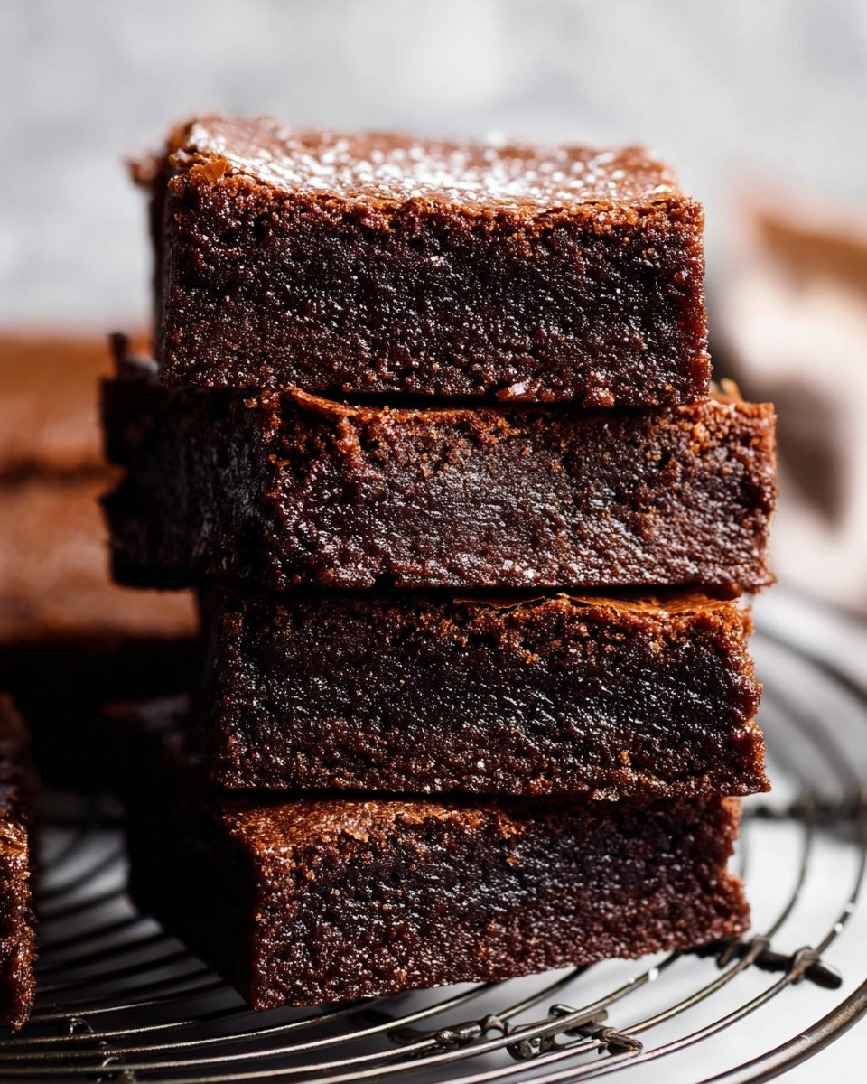 The image shows four thick, rich chocolate brownies stacked closely on a round wire cooling rack. Each brownie has a dense, fudgy texture with a slightly cracked, crispy top layer that is a deep dark brown color. The interior looks moist and soft with a uniform brown shade, showing a few small crumb details. The wire rack is placed on a white marbled surface that contrasts softly with the dark brownies. There is a light dusting of fine powdered sugar on the top edges of the brownies, giving a slight sparkle. Photo taken with an iphone --ar 4:5 --v 7