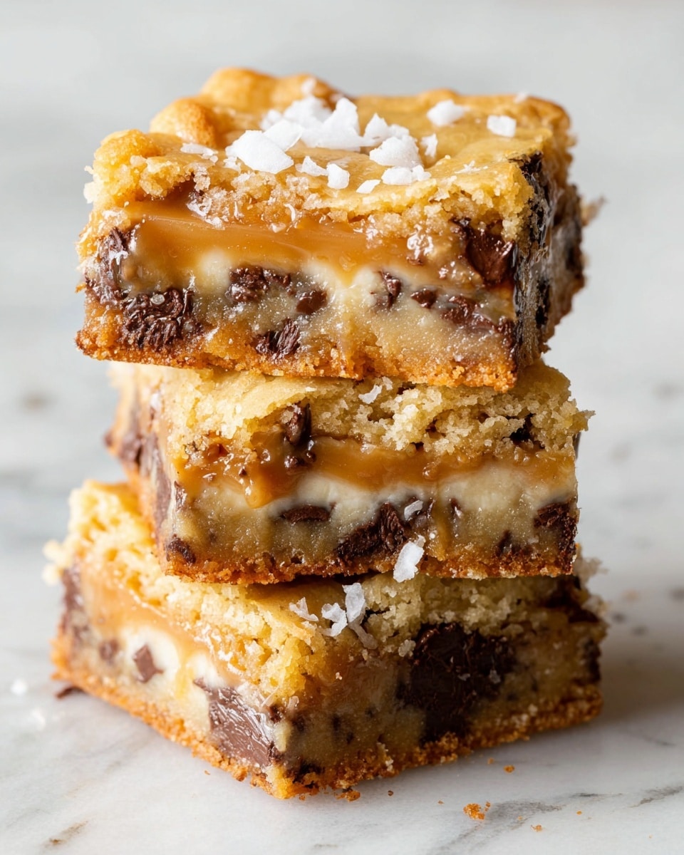 The image shows a stack of three gooey dessert bars with three clear layers. The bottom and top layers are golden brown, crumbly cookie dough mixed with bits of dark chocolate chunks. The middle layer is thick and creamy, light caramel in color with a smooth, slightly melted texture. Small white flakes resembling coconut or salt are sprinkled on top of the stack. The bars are placed on a white marbled surface, highlighting their rich, indulgent look. photo taken with an iphone --ar 4:5 --v 7