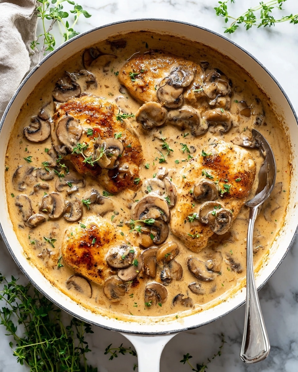 The image shows a white cooking pot filled with a creamy mushroom sauce and four pieces of browned chicken breasts partially covered by the sauce. The sauce is light brown and thick, with visible slices of cooked mushrooms scattered evenly on top and throughout the creamy layer. Small green herb leaves are sprinkled over the dish, adding a hint of color contrast. A shiny metal spoon rests inside the pot on the right side, with the handle extending out of the pot. The pot is set on a white marbled surface, with some fresh green herbs placed around it, giving a fresh and inviting look. Photo taken with an iphone --ar 4:5 --v 7