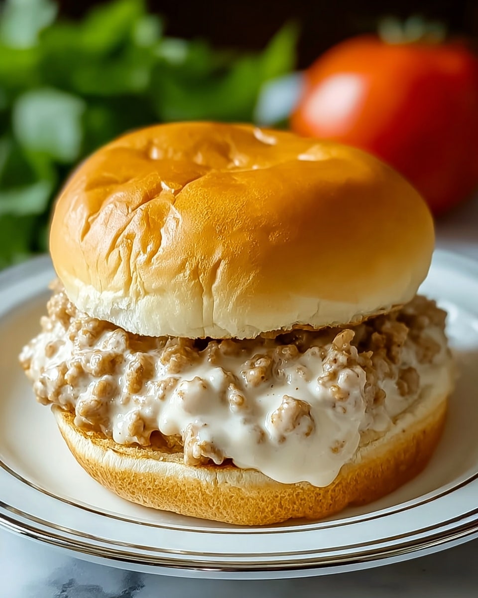 A close-up of a sandwich on a soft, shiny golden brown bun with a slightly wrinkled texture on top. Inside the sandwich, there is one thick layer of chunky, light brown sausage gravy mixed with creamy white sauce that looks smooth and rich. The sandwich sits on a white plate with a thin silver rim, placed on a white marbled surface. In the blurry background, there are green leaves and a red tomato. Photo taken with an iphone --ar 4:5 --v 7