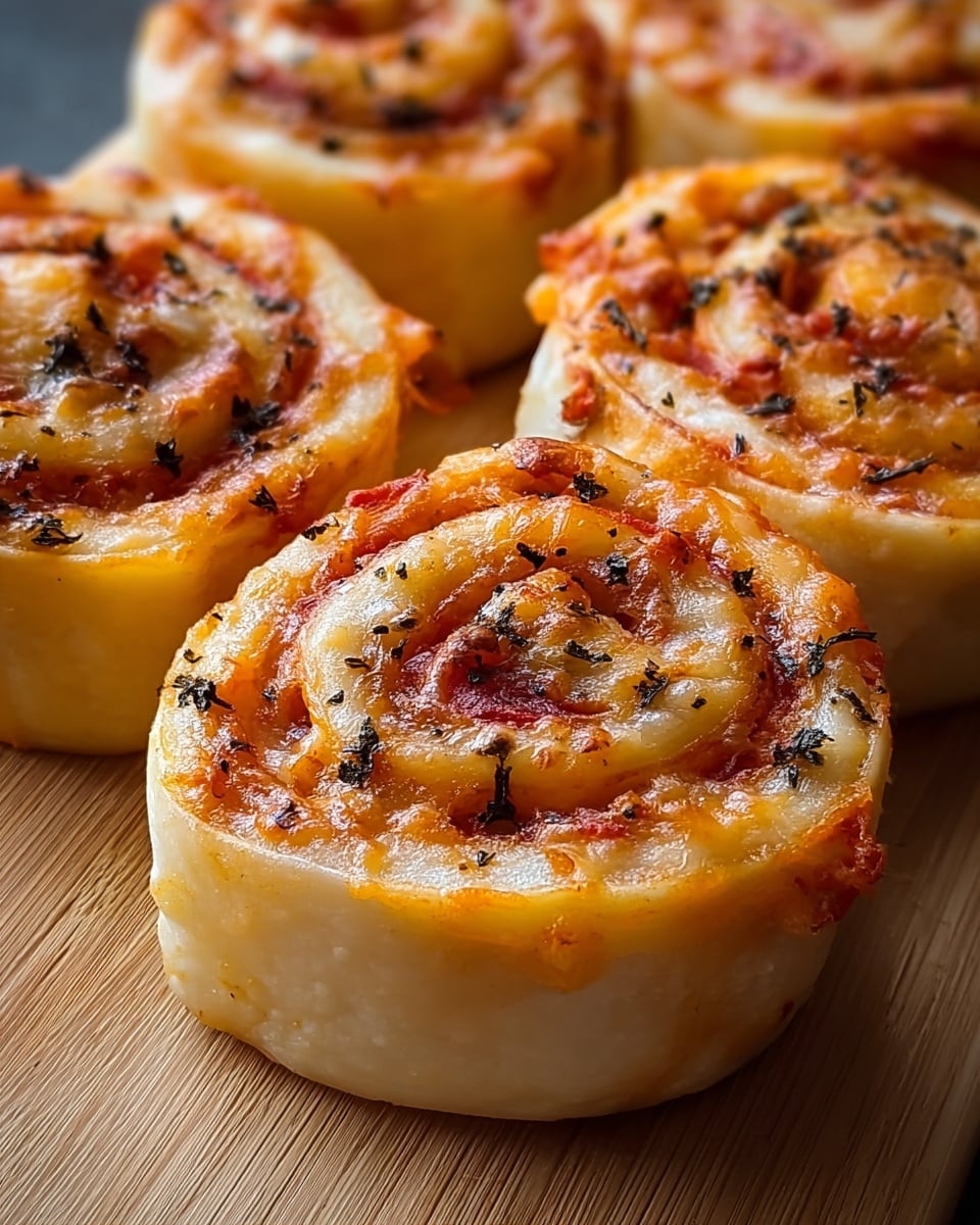 The image shows several pizza rolls with a clear spiral shape, each having three visible layers: a soft pale dough on the outside, a middle layer of reddish orange sauce, and a top layer of melted light golden cheese with darker browned spots. Small black herb flakes are sprinkled evenly on the surface, adding a textured look. The rolls rest close together on a smooth wooden board. Photo taken with an iphone --ar 4:5 --v 7