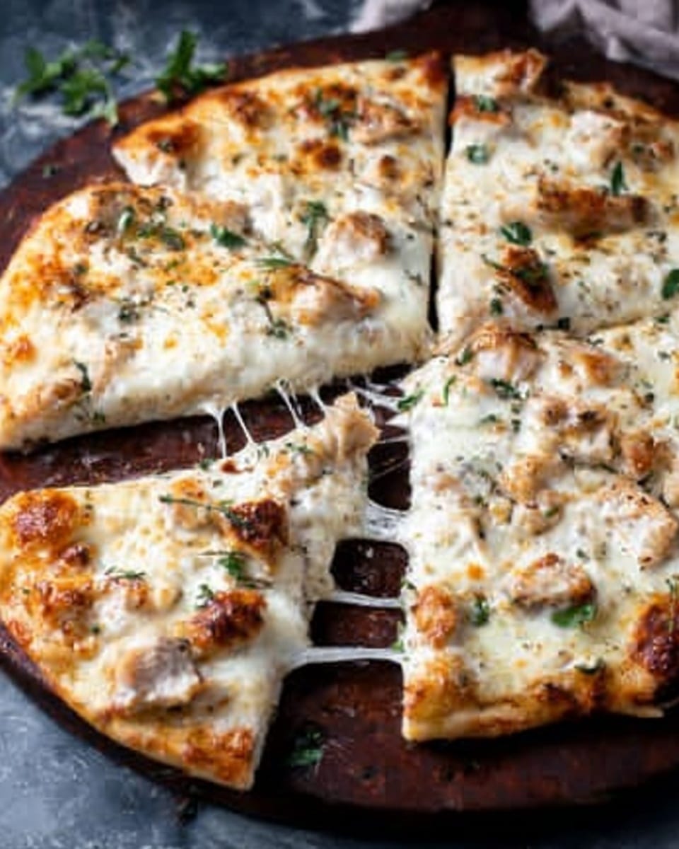 A white marbled textured background holds a round pizza on a dark wooden board. The pizza is cut into eight slices with one slice slightly pulled out, showing melted cheese stretching from the slice to the rest of the pizza. The pizza has a thin crust and is topped with a creamy white sauce base, small pieces of cooked chicken, and melted gooey mozzarella cheese, with a few green herb leaves scattered on top for color. Photo taken with an iphone --ar 4:5 --v 7