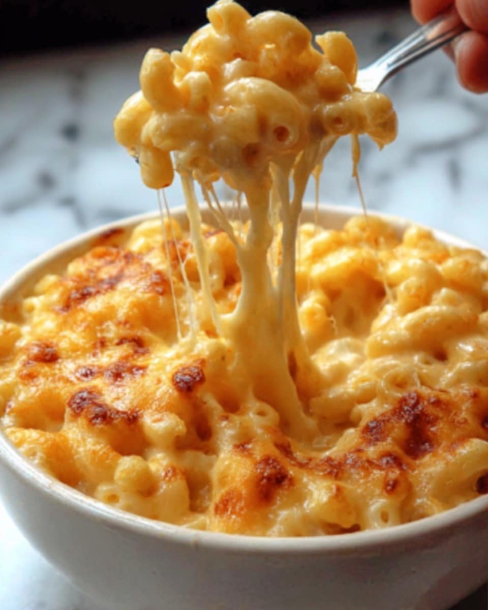 The image shows a white bowl filled with macaroni and cheese. The top layer is golden brown and bubbly, with melted cheese that stretches smoothly as a woman's hand lifts some pasta with a fork. The pasta underneath is creamy and coated with thick, rich, yellow-orange cheese sauce. The background is a white marbled texture. photo taken with an iphone --ar 4:5 --v 7