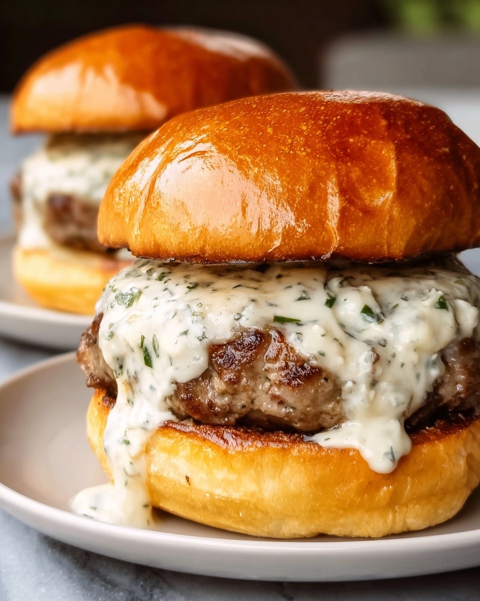 Two close-up cheeseburgers sit on a white plate over a white marbled texture. Each cheeseburger has three layers: a shiny golden brown top bun with a glossy texture, a thick grilled beef patty with a slightly crispy outer surface, and a creamy, white cheese sauce with visible green herb bits dripping over the patty. The bottom bun is golden and looks soft and slightly toasted. The second burger is blurred in the background, showing similar layers. Photo taken with an iphone --ar 4:5 --v 7