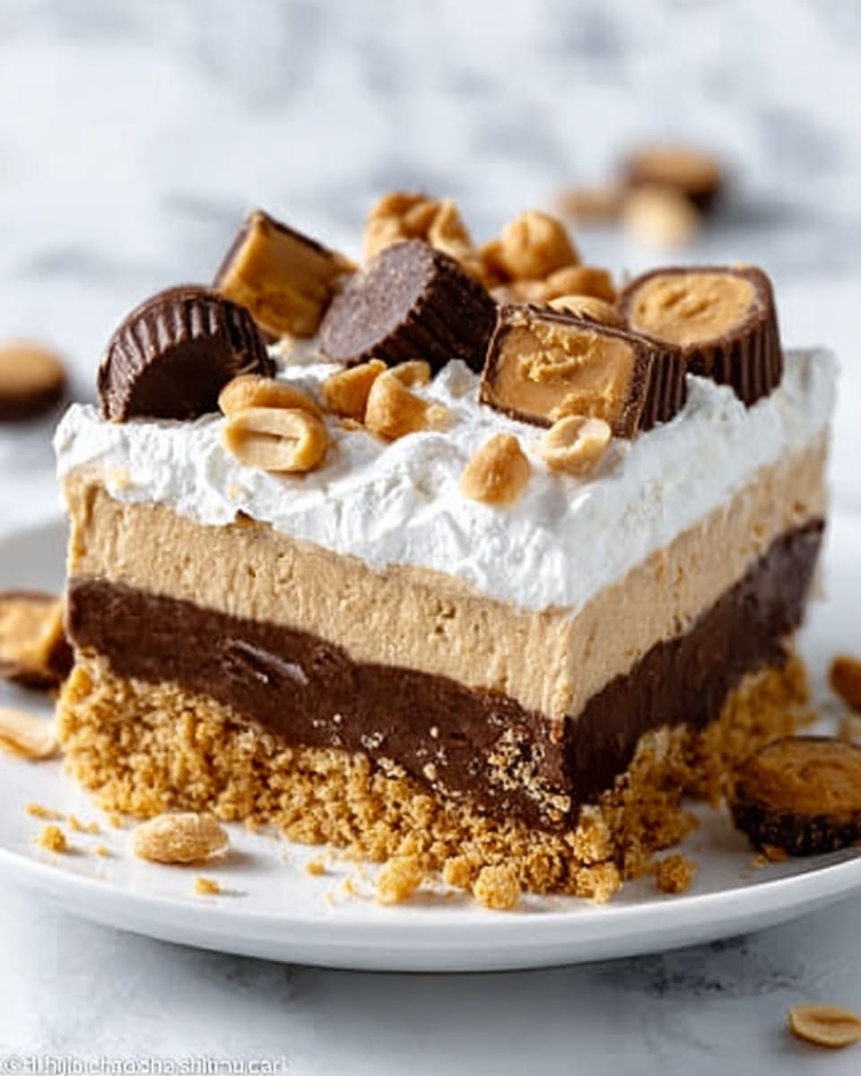 The image shows a thick slice of layered dessert on a white plate, placed on a white marbled surface. The bottom layer is crumbly, light brown with a rough texture, like crushed biscuits. Above it is a smooth, creamy layer in a tan color, followed by a rich, dark brown layer with a glossy finish. On top, a fluffy white whipped cream layer spreads evenly, decorated with chopped peanut pieces, small peanut butter cup halves, and mini peanut butter candies. The dessert looks rich and creamy with a mix of soft and crunchy textures. Photo taken with an iphone --ar 4:5 --v 7