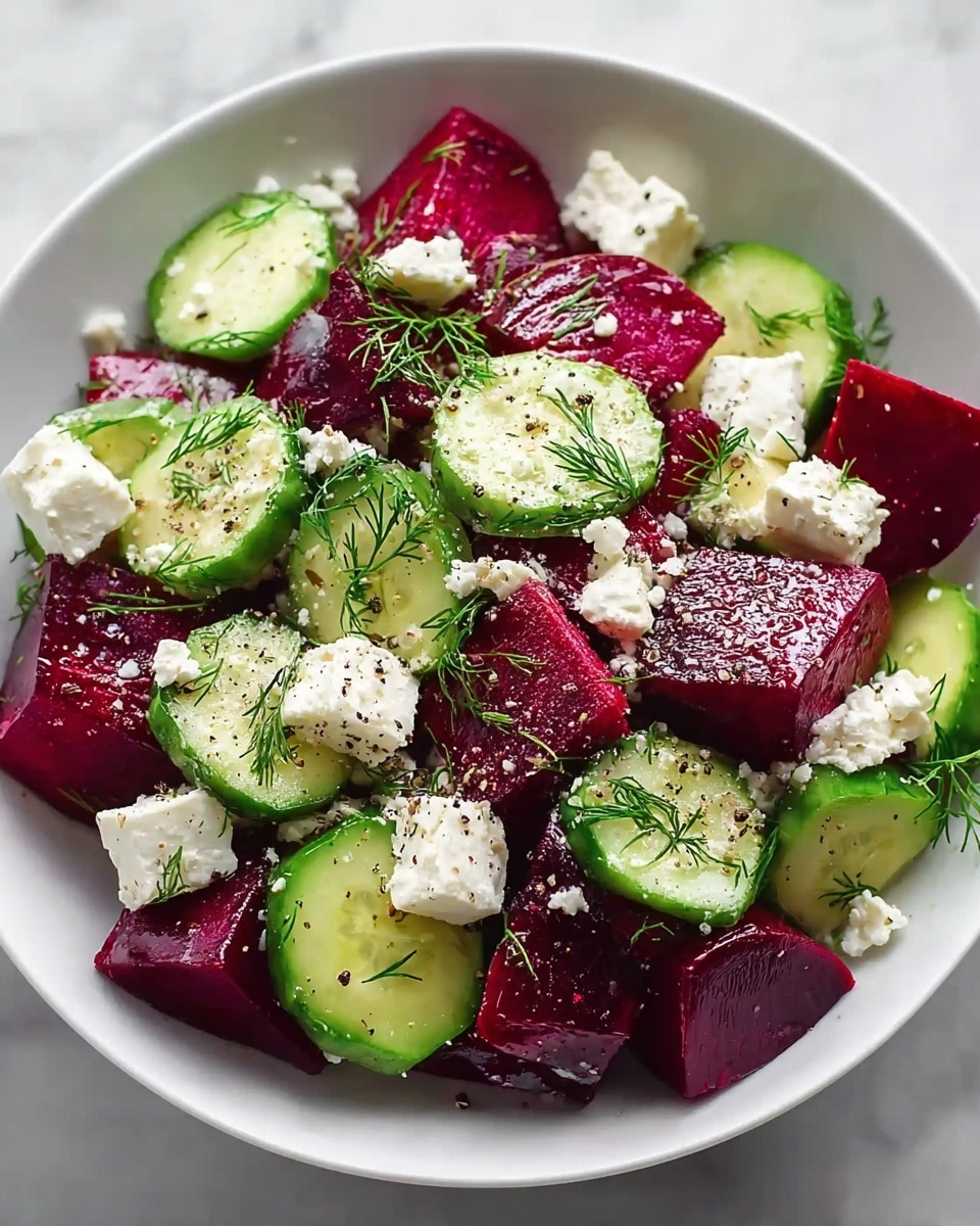 A white bowl filled with a fresh salad that has three main layers: thick, deep red beet chunks at the bottom, topped with bright green cucumber slices showing their soft, pale interior, and creamy white cubes and crumbles of feta cheese scattered throughout. Fresh dill sprigs with thin green leaves are spread over the salad. The salad is lightly sprinkled with cracked black pepper and salt, all set on a white marbled surface. photo taken with an iphone --ar 4:5 --v 7