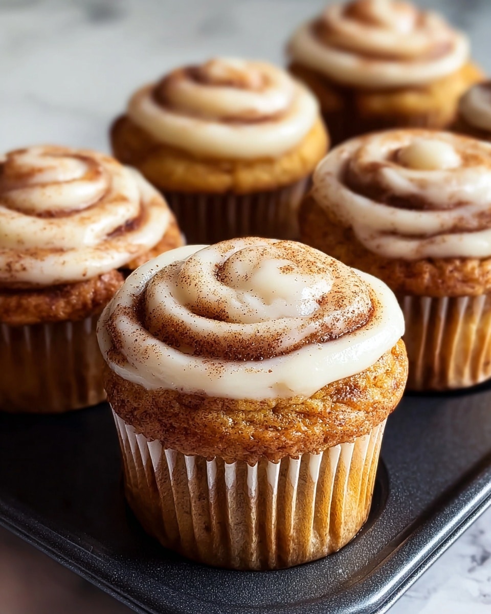 The image shows five cinnamon roll cupcakes arranged closely together on a dark baking tray. Each cupcake has a golden brown base with a soft, moist texture, and slightly ridged white paper liners. On top, there is one thick swirl of cream-colored icing that follows the spiral pattern of the cinnamon roll, dusted lightly with cinnamon powder. The cupcakes stand on a white marbled surface and the background is softly blurred, highlighting the detailed texture of the cupcakes in the front. photo taken with an iphone --ar 4:5 --v 7