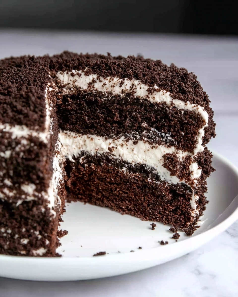A slice of two-layer dark chocolate cake with white cream filling between the layers sits on a white plate. The top and sides of the cake are covered in dark crumbly chocolate pieces, giving a rough texture. The inside of the cake looks moist and dense, while the cream is smooth and thick, showing a clear contrast with the dark cake. The background is a white marbled texture. photo taken with an iphone --ar 4:5 --v 7