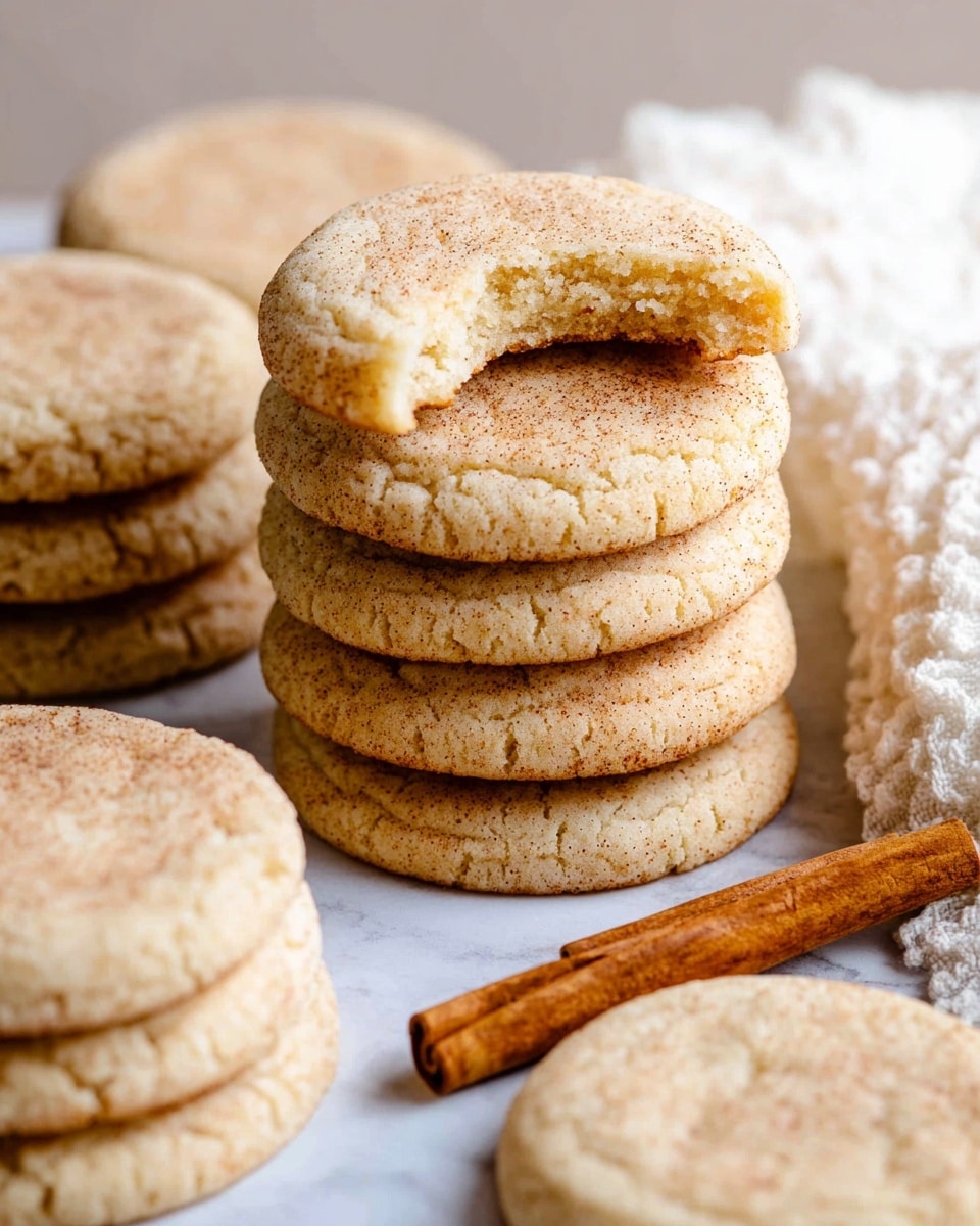 Several stacks of light brown cookies with a slightly cracked surface are shown on a white marbled texture. The stack in the center has about eight cookies, with the top cookie having a bite taken out, revealing a soft, crumbly inside of a slightly lighter shade. Around this central stack are other smaller stacks of similar cookies. On the right side, there is a white textured cloth with two cinnamon sticks resting on it, adding a warm color contrast. The overall look is soft and inviting, highlighting the texture of the cookies. photo taken with an iphone --ar 4:5 --v 7