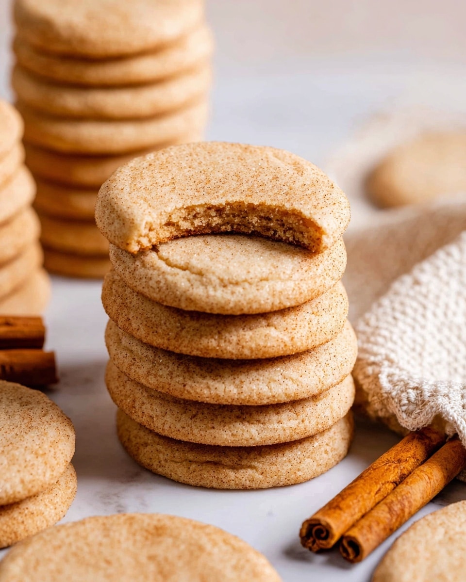 The image shows stacks of round, light brown cinnamon cookies with a slightly cracked surface texture, arranged closely on a white marbled surface. The central stack has about eight cookies, with the top cookie bitten on the edge, revealing a soft and crumbly inside. Around this main stack, other stacks of similarly sized cookies appear in the background, slightly blurred. A white textured cloth is partly visible on the right side with two cinnamon sticks resting on it, adding a warm, natural element to the scene. photo taken with an iphone --ar 4:5 --v 7