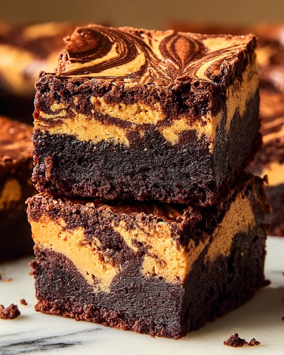 The image shows two square pieces of rich chocolate and peanut butter swirl brownies stacked on a surface with a white marbled texture. Each brownie has three visible layers: a dense, dark chocolate base with a moist, slightly crumbly texture; a middle layer of creamy peanut butter with swirls of chocolate running through it, creating a marbled effect of light brown and dark brown; and a top layer of thick, fudgy chocolate with a cracked surface and more swirling peanut butter patterns. The edges are slightly crumbly, and the brownies look thick and soft. Photo taken with an iphone --ar 4:5 --v 7
