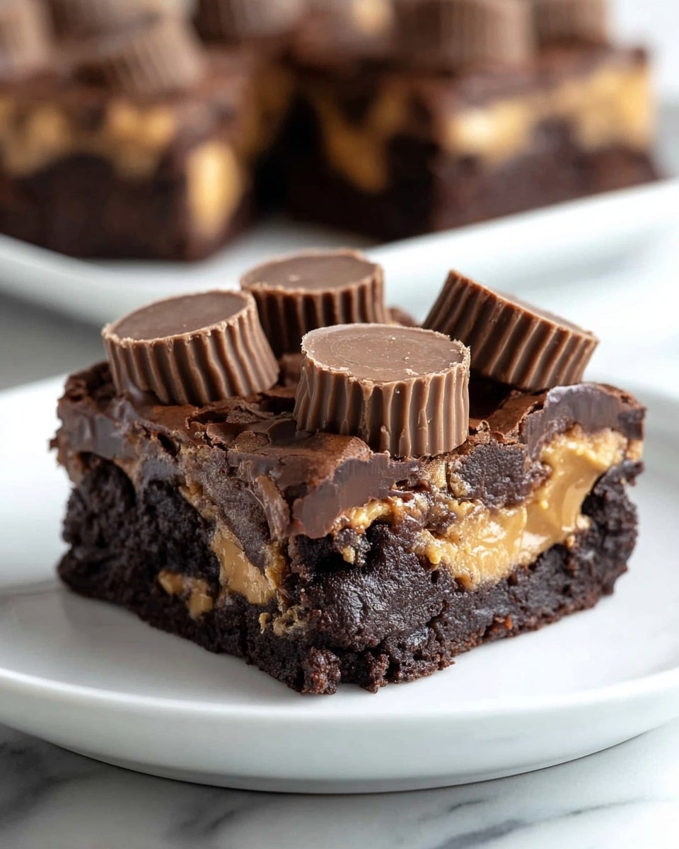 A thick square piece of rich, dark brown chocolate brownie sits on a white plate with a smooth surface. The brownie has visible soft, peanut butter filling inside, showing a creamy light brown layer mixed with the fudgy chocolate base. On top, there is a layer of glossy dark chocolate with several small, round, ridged peanut butter cups placed upright, adding texture and height. The background shows a blurred white plate holding more brownie pieces on a white marbled surface. photo taken with an iphone --ar 4:5 --v 7
