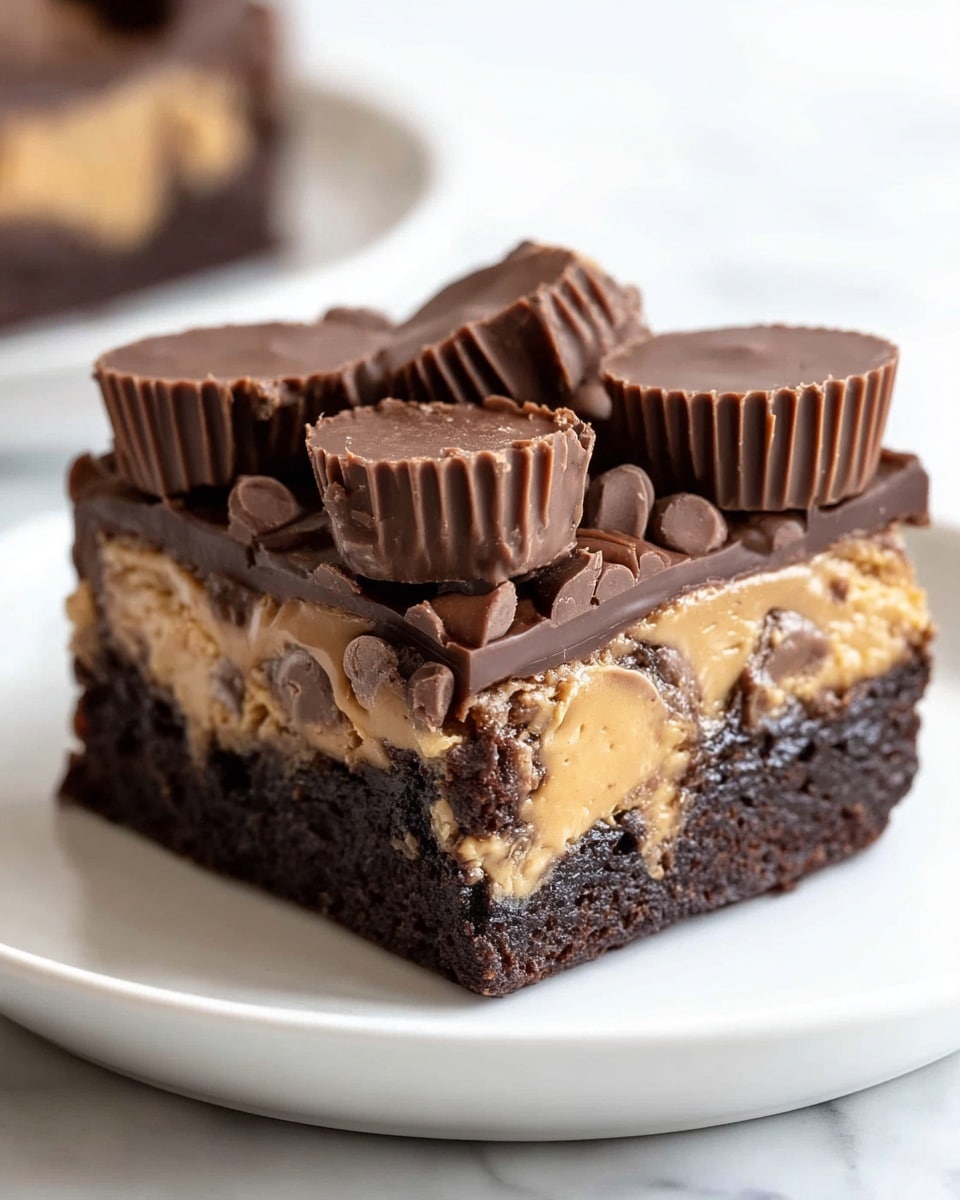 A thick square brownie sits on a white plate against a white marbled surface, showing three distinct layers. The bottom layer is a dense, dark brown chocolate brownie base. Above it is a creamy, light brown peanut butter layer with a smooth texture and some chocolate chunks mixed in. The top layer is a glossy dark chocolate coating, partially broken to reveal the peanut butter underneath. On top, there are several small chocolate cups arranged closely, each with a smooth, slightly shiny finish and a ridged side texture. The photo taken with an iphone --ar 4:5 --v 7