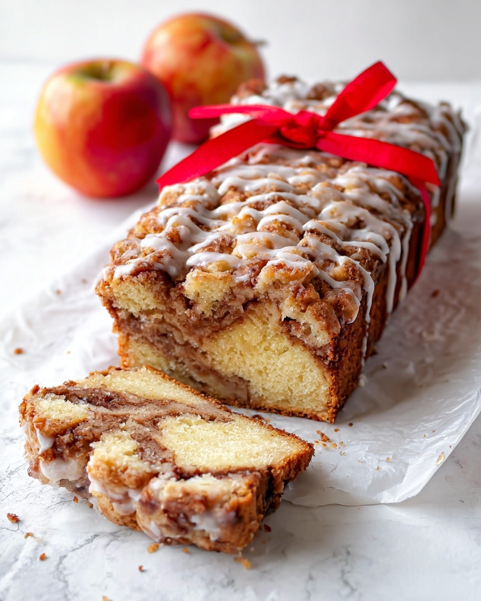 The image shows a loaf of cinnamon swirl bread with a crumbly, golden brown crust on top, drizzled with white icing. One thick slice is cut from the loaf, revealing a soft inside with a marbled swirl of cinnamon sugar running through the middle. The bread has two main layers: a lighter yellow cake-like base and a darker, textured cinnamon swirl layer inside. A bright red ribbon is tied around the loaf near the top. Two apples sit on the white marbled surface in the background, adding a fresh, colorful touch. The whole scene is bright and cozy, with soft light and a simple white marbled background. photo taken with an iphone --ar 4:5 --v 7