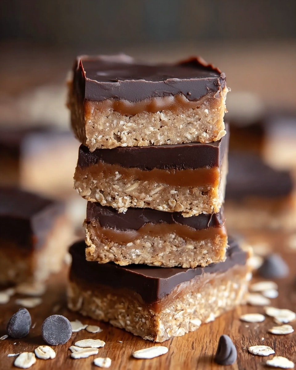 A stack of four square treats with two visible layers each; the bottom layer is a thick, crumbly, light brown base with visible oat flakes giving it a rough texture, while the top layer is a smooth, dark chocolate coating with a shiny finish and slightly uneven edges. The stack is placed on a wooden surface, scattered with a few whole oats and dark chocolate chips around it. The background is softly blurred, focusing attention on the detailed layers of the treats. photo taken with an iphone --ar 4:5 --v 7