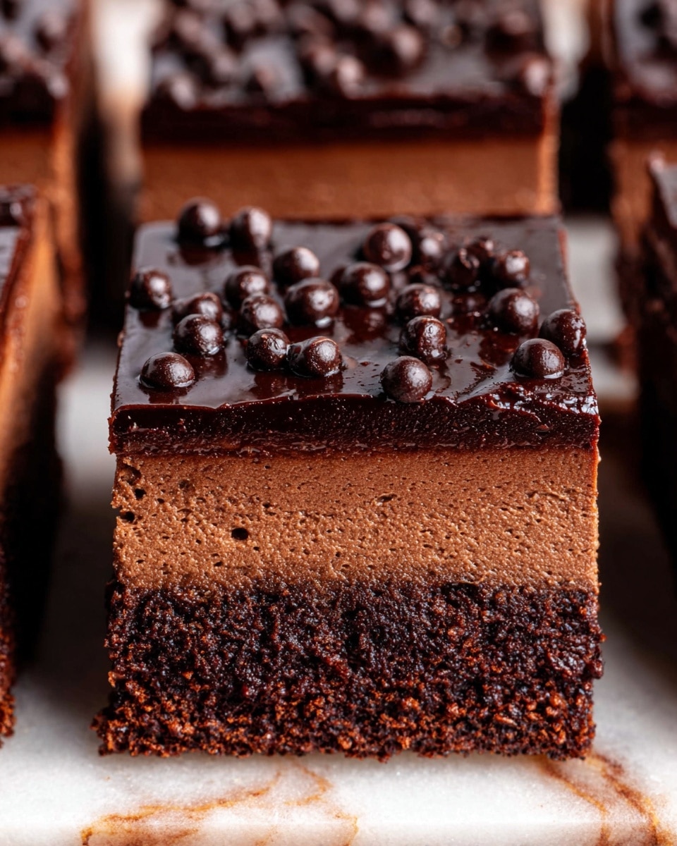 A close-up view of a rich chocolate dessert square with three distinct layers: a dense, dark brown bottom crust that looks moist and slightly crumbly, a thick middle layer of smooth chocolate mousse in a lighter brown shade, and a glossy, dark chocolate ganache on top with tiny round chocolate pieces scattered across the surface. The dessert is arranged closely with other similar squares on a white marbled texture, adding contrast to the deep chocolate colors. photo taken with an iphone --ar 4:5 --v 7