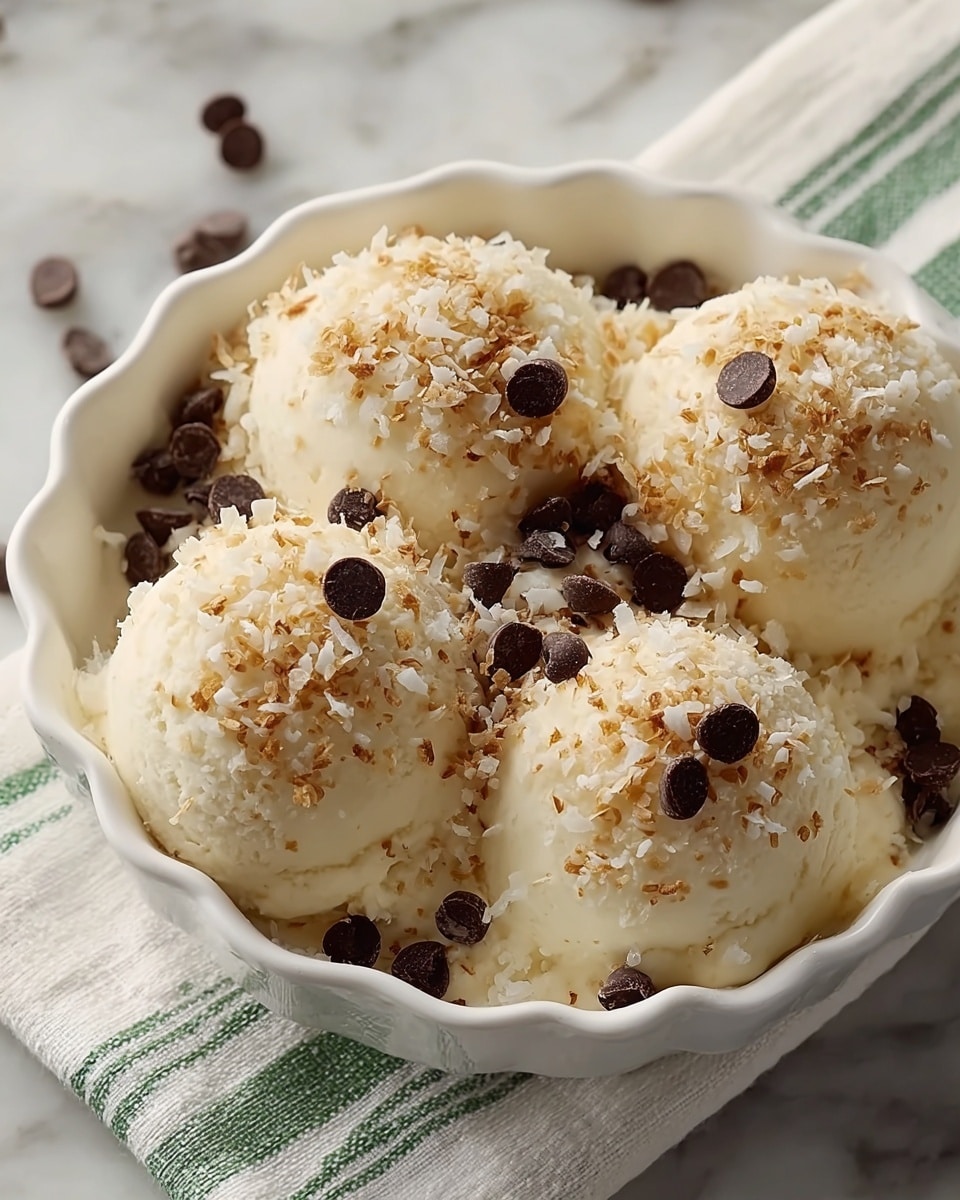The image shows four rounded mounds of a creamy, pale yellow dessert placed closely together in a white dish with scalloped edges. Each mound is topped with rough, light brown crumbs and scattered white flakes, giving a textured look. Dark brown, shiny chocolate chips are placed on top and around the dessert, adding contrast to the light colors. The dish sits on a white marbled surface with a striped cloth partially visible underneath. The soft lighting creates a warm and inviting feeling. photo taken with an iphone --ar 4:5 --v 7