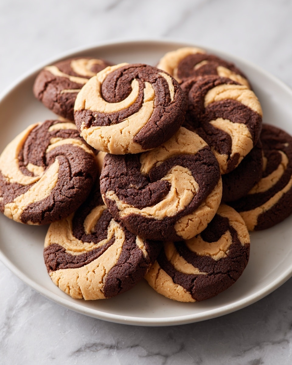 A white plate holds a pile of round cookies each with two swirled layers: a rich dark brown chocolate layer and a smooth light tan peanut butter layer, twisted together in a spiral pattern. The cookies have a slightly cracked surface texture, showing the soft and crumbly dough beneath. The arrangement is close and overlapping with the cookies stacked casually, making the swirls on each one clearly visible. The plate sits on a white marbled textured surface. photo taken with an iphone --ar 4:5 --v 7