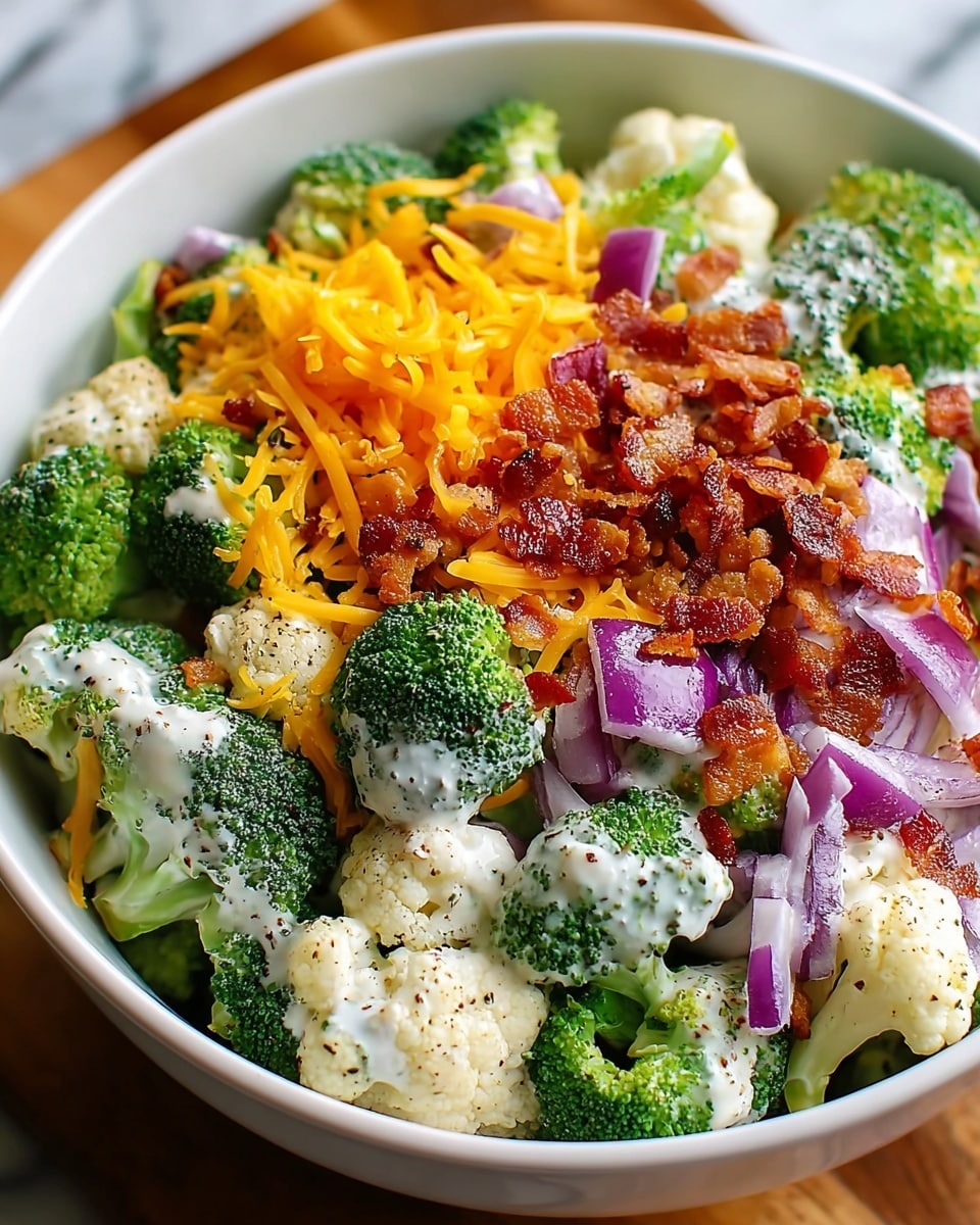 A white bowl filled with a colorful salad is shown on a white marbled surface. The salad has three main layers: a base layer of fresh broccoli and cauliflower florets in bright green and creamy white, a middle layer of shredded orange cheddar cheese and thin slices of purple-red onion, and a top layer of small crispy bacon pieces. The salad is coated with a creamy white dressing sprinkled lightly with black pepper, giving it a fresh and tasty look. Photo taken with an iphone --ar 4:5 --v 7
