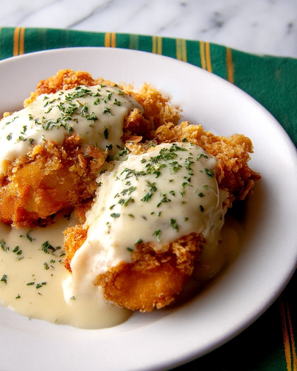 The dish shows two pieces of golden brown fried chicken on a white plate, each coated with a crispy, crumbly crust. Both pieces are topped with a smooth, creamy white gravy sprinkled lightly with small green herbs. The crispy texture of the chicken contrasts with the soft texture of the gravy, which spreads across the middle of each piece. The plate sits on a green and striped cloth, while the background is a white marbled texture. photo taken with an iphone --ar 4:5 --v 7