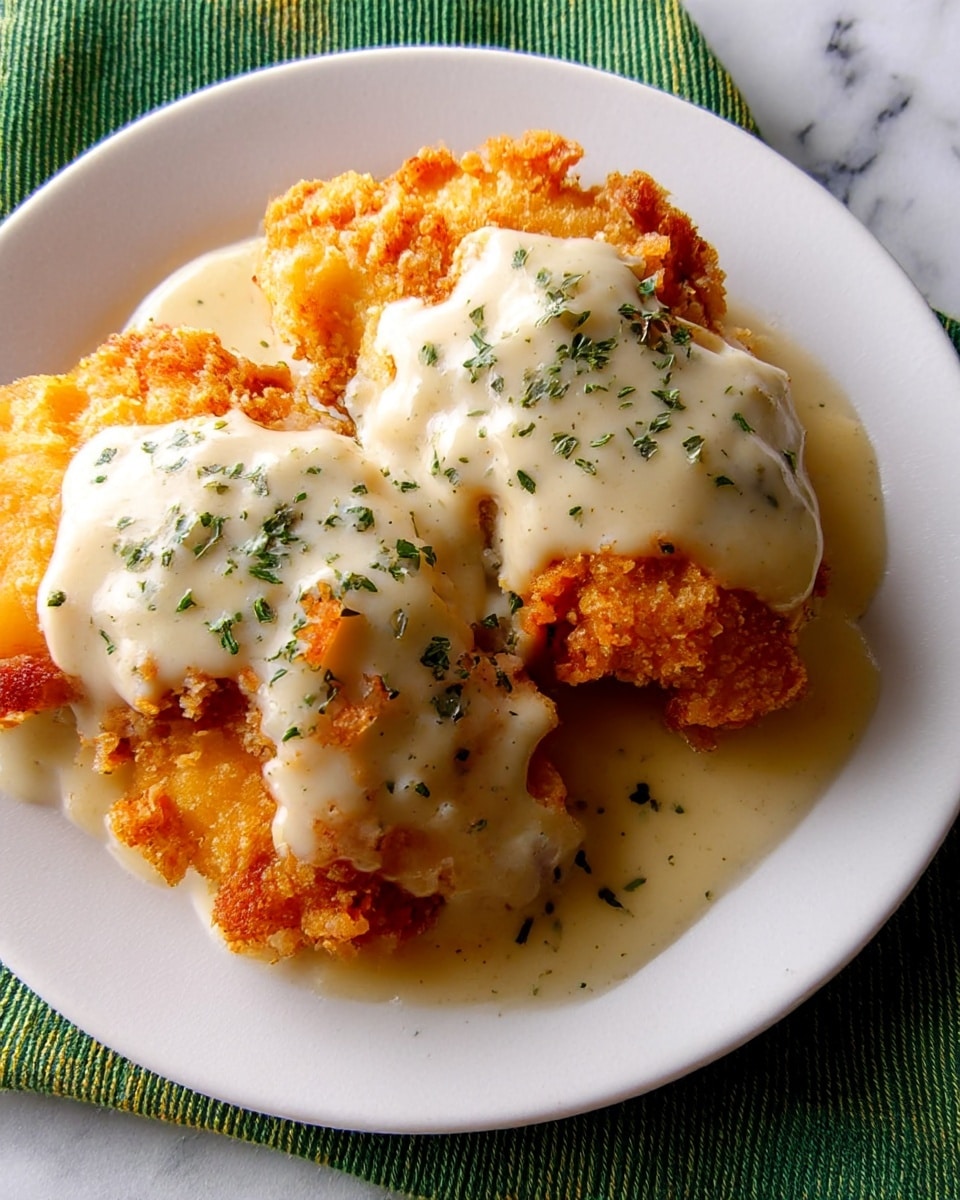 A white plate holds two pieces of golden-brown crispy fried chicken topped with a thick, creamy white gravy that covers more than half of each piece, sprinkled with small bits of green herbs. The chicken has a crunchy texture with some visible orange seasoning, and the gravy looks smooth and rich, pooling slightly on the plate beneath. The plate rests on a green and white striped textured cloth, with a white marbled surface beneath. Photo taken with an iphone --ar 4:5 --v 7