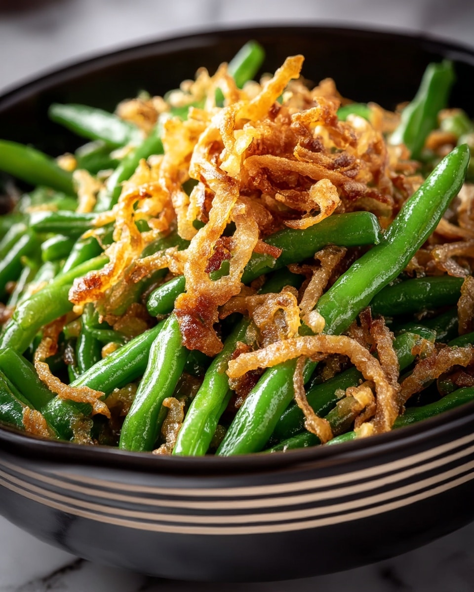 A close-up of a dish showing bright green cooked green beans as the base layer, topped with crispy golden-brown fried onion strings that look crunchy and slightly curly, all served in a black bowl with white stripes around the edge. The green beans are fresh and shiny while the onions add texture and color contrast on top, placed on a white marbled surface. photo taken with an iphone --ar 4:5 --v 7