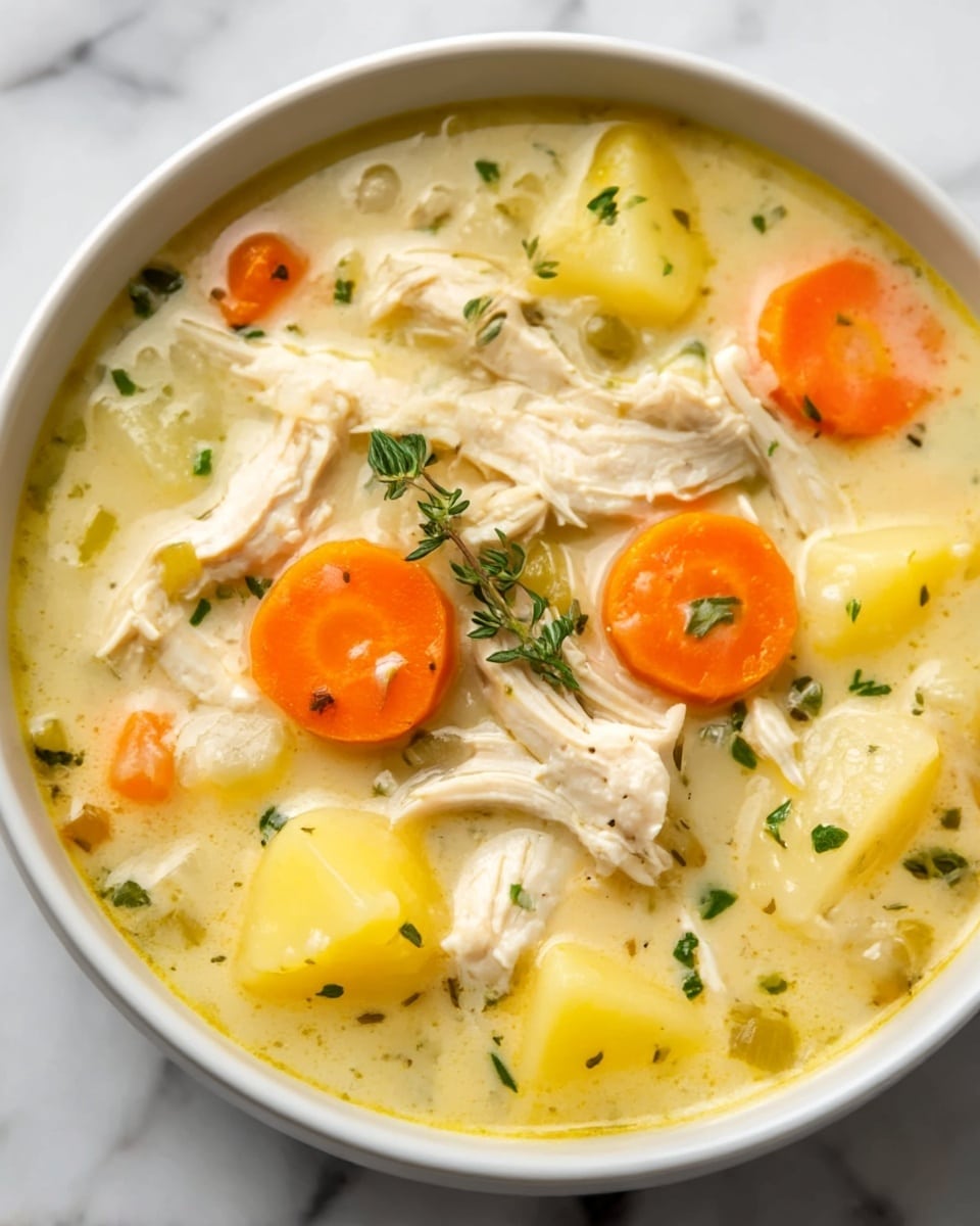 The image shows a bowl of creamy chicken soup in a white bowl, placed on a white marbled surface. The soup has several layers visible: large pieces of shredded white chicken, slices of bright orange carrot, and chunks of yellow potato floating in a thick, pale yellow broth. Small green herbs are sprinkled throughout the soup, and a sprig of fresh thyme sits on top as garnish. The texture of the soup looks smooth and slightly creamy, with a mix of soft, chunky ingredients. Photo taken with an iphone --ar 4:5 --v 7
