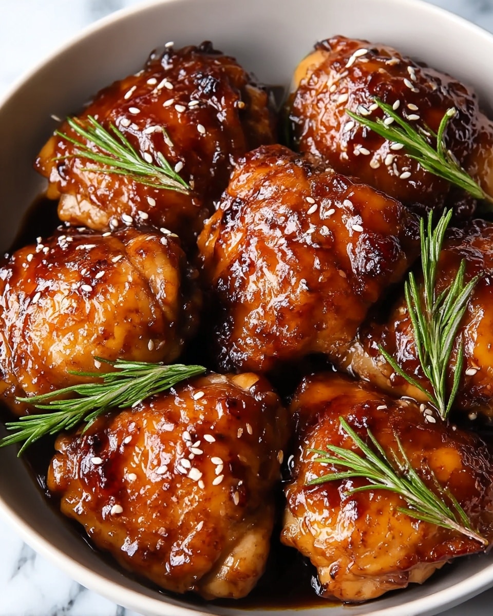 The dish shows six pieces of glazed chicken thighs arranged closely in a round white bowl. The chicken thighs have a shiny, sticky dark golden brown glaze with slight char marks, giving them a rich, caramelized texture. Scattered on top of the chicken are small white sesame seeds, and fresh green rosemary sprigs are placed between and on the chicken, adding a touch of green contrast. The bowl sits on a white marbled surface, making the rich colors of the glazed chicken stand out clearly. photo taken with an iphone --ar 4:5 --v 7