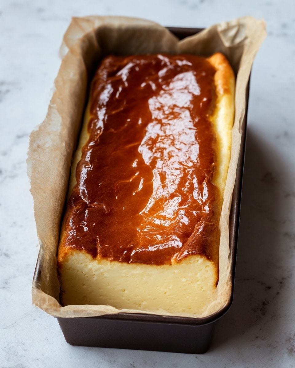 The image shows a baked cheesecake in a rectangular loaf pan lined with parchment paper. The cheesecake has one main layer with a smooth, creamy pale yellow inside and a golden brown crackled top layer that has a shiny, slightly glossy texture. The loaf pan is dark and sits on a white marbled surface with soft lighting that highlights the shiny top and smooth sides of the cheesecake. Photo taken with an iphone --ar 4:5 --v 7