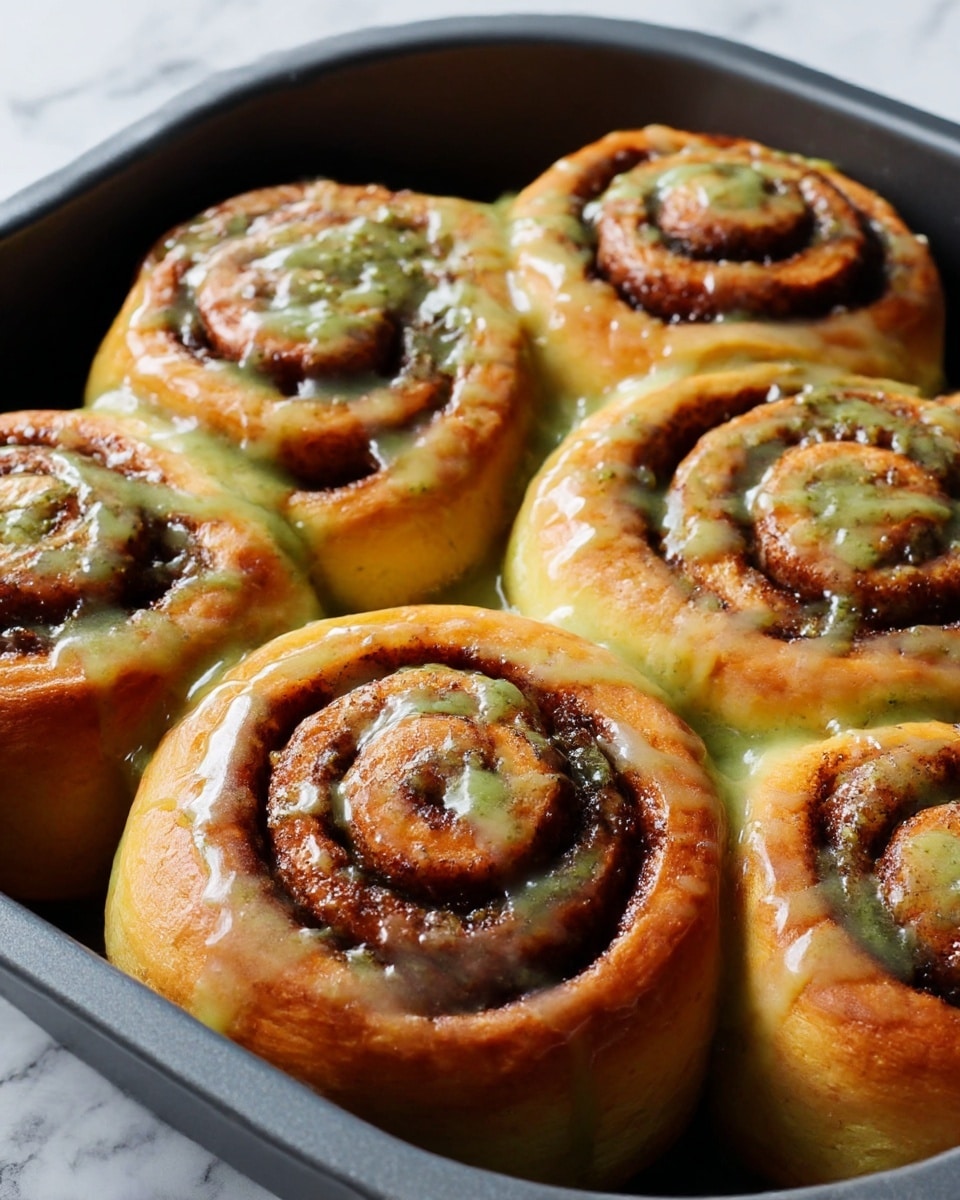 The image shows six soft, round cinnamon rolls closely packed in a dark gray baking pan. Each roll has two main layers: a light golden brown dough forming the outer spiral and a dark, almost black, cinnamon filling spiraled inside. A shiny, green glaze is drizzled generously over the top of each roll and pooled slightly in the spaces between them, adding a wet and glossy texture. The background features a white marbled surface, enhancing the warm colors of the rolls. photo taken with an iphone --ar 4:5 --v 7