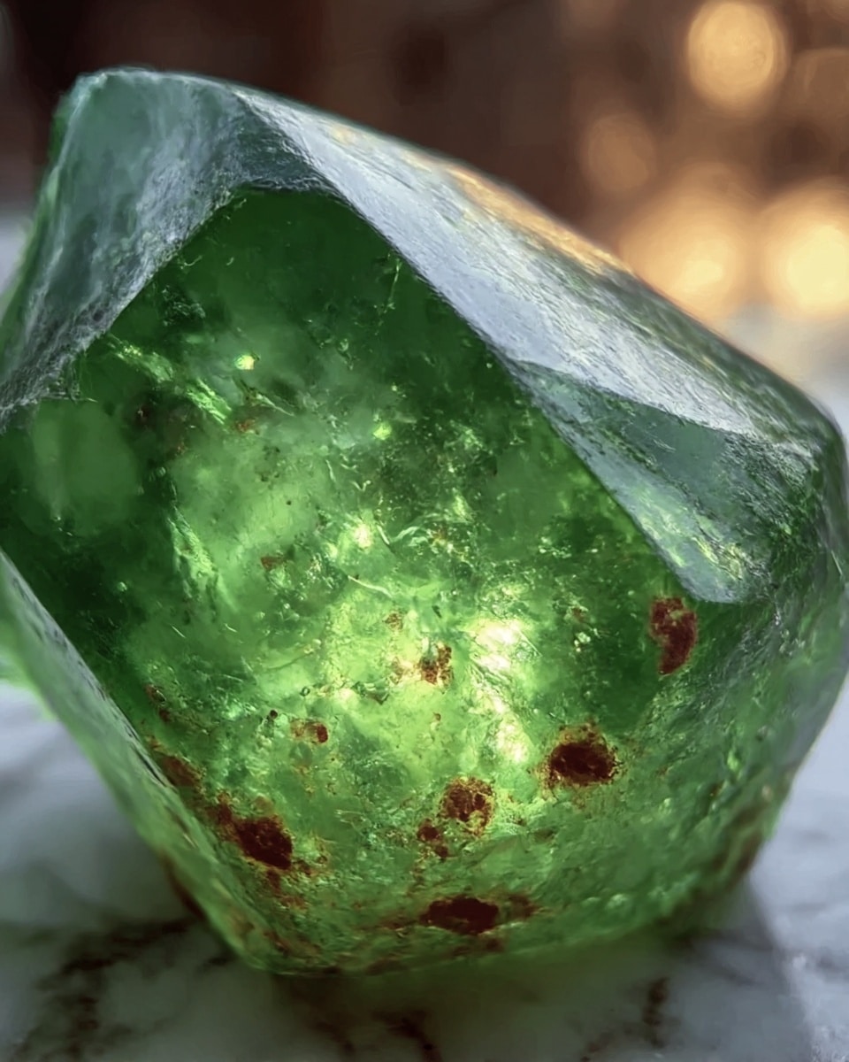 The image shows a close-up of a shiny, green, crystal-like object with smooth and sharp edges. It has a translucent texture with glowing light inside, and some small brownish spots are visible near the bottom edges. The background is blurred with warm, soft lights, set on a white marbled surface. Photo taken with an iphone --ar 4:5 --v 7