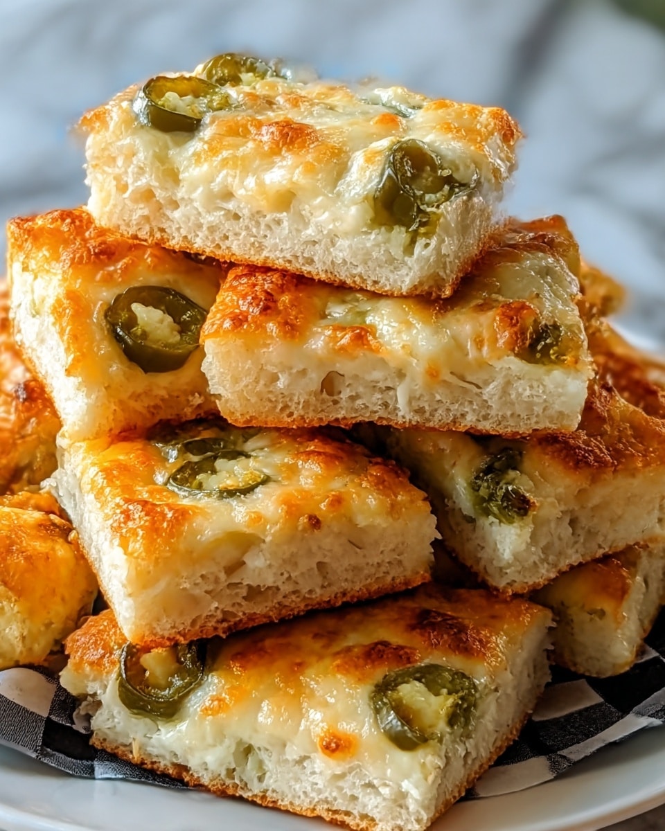 A stack of small, square cheesy bread pieces is displayed on a white plate with a black and white checkered paper underneath. Each piece has a thick golden-brown crust at the bottom, with a fluffy and soft white dough layer above it. The top layer is covered with melted cheese that has browned spots, giving a bubbly and slightly crispy texture, and there are green jalapeño slices scattered evenly within the cheese. The bread pieces are stacked unevenly, showing the different layers clearly. The background is a soft white marbled texture. Photo taken with an iphone --ar 4:5 --v 7