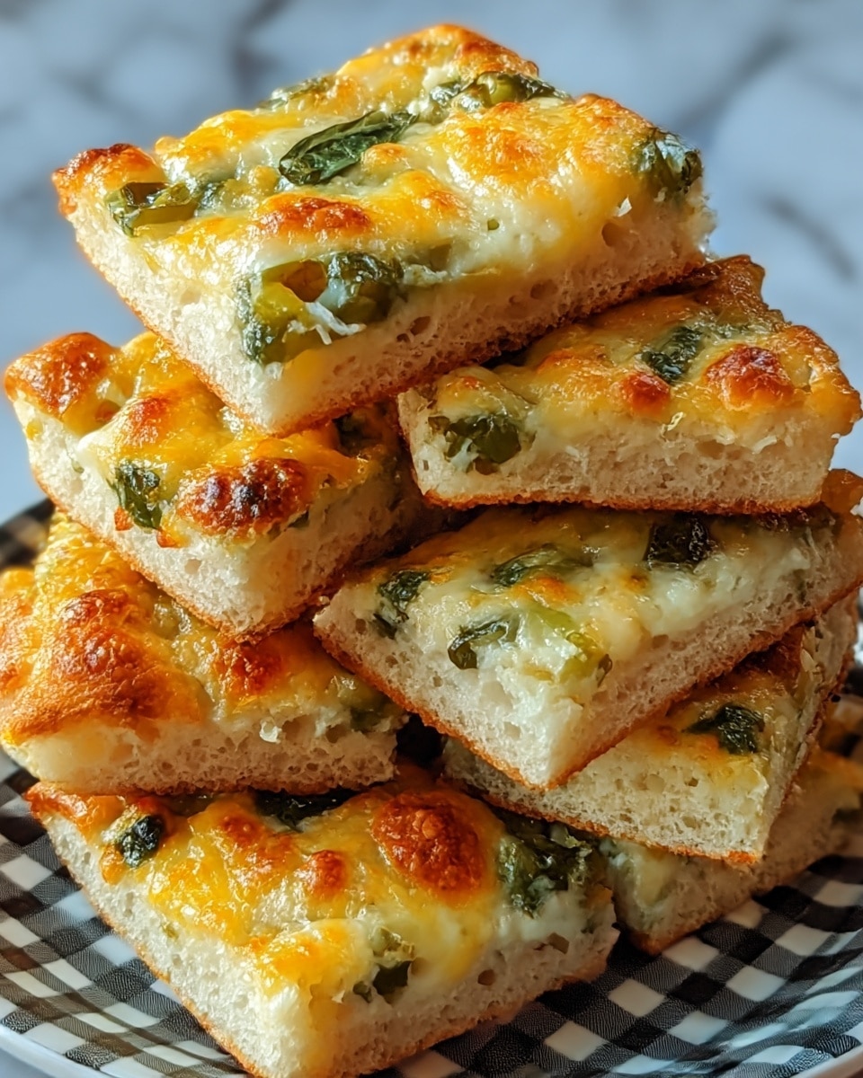 The image shows a stack of six square focaccia pieces on a white plate with a checked black-and-white pattern. Each focaccia piece has two visible layers; the bottom layer is a light brown, slightly fluffy bread with a soft texture, and the top layer is golden-yellow melted cheese dotted with green herbs that look like basil or spinach, giving a slightly shiny and bubbly appearance with some browned spots. The background is a white marbled texture, and the focaccia squares are piled unevenly, showing their thickness clearly. photo taken with an iphone --ar 4:5 --v 7