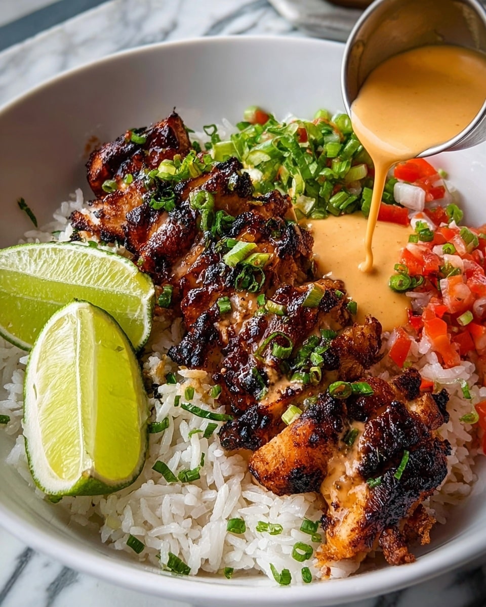 The dish shows a white bowl filled with white rice as the base layer, topped with a row of grilled chicken pieces that have a shiny, dark brown, slightly charred surface. On the left side, there is a bright green lime wedge resting on the rice. Above the chicken, finely chopped green onions and a small pile of diced red and orange tomatoes add color contrast. To the top right, a small metal cup is pouring a creamy light orange sauce with bits of herbs onto the chicken and rice. Another lime wedge is placed beside the sauce cup. The bowl is set on a white marbled surface. Photo taken with an iphone --ar 4:5 --v 7