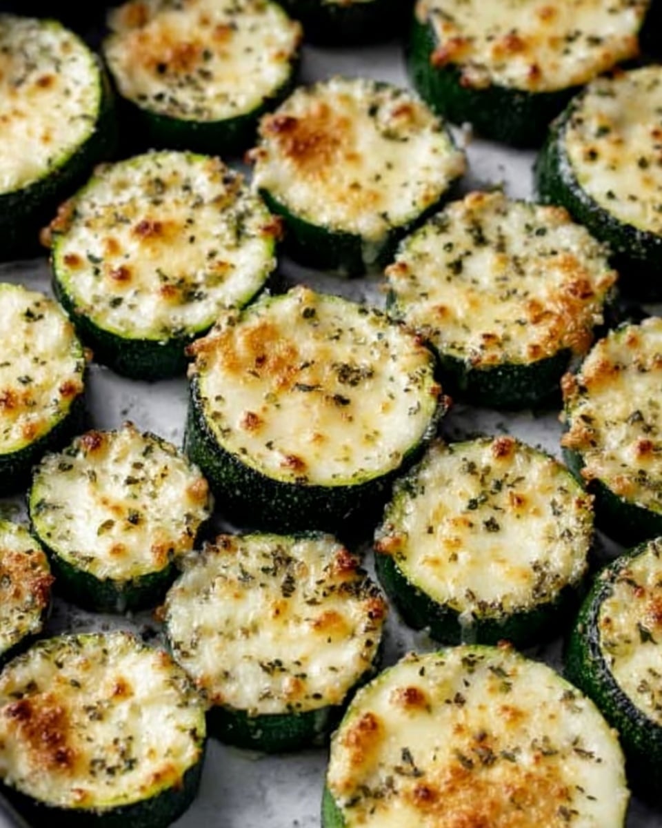 The image shows a tray filled with round slices of zucchini, each topped with a melted, slightly browned layer of cheese and sprinkled with herbs and spices. The zucchini slices are arranged close together, filling the frame, and have a green outer skin with a soft, creamy white and light golden cheese topping that looks slightly crispy on top. The background is a white marbled texture. The photo taken with an iphone --ar 4:5 --v 7