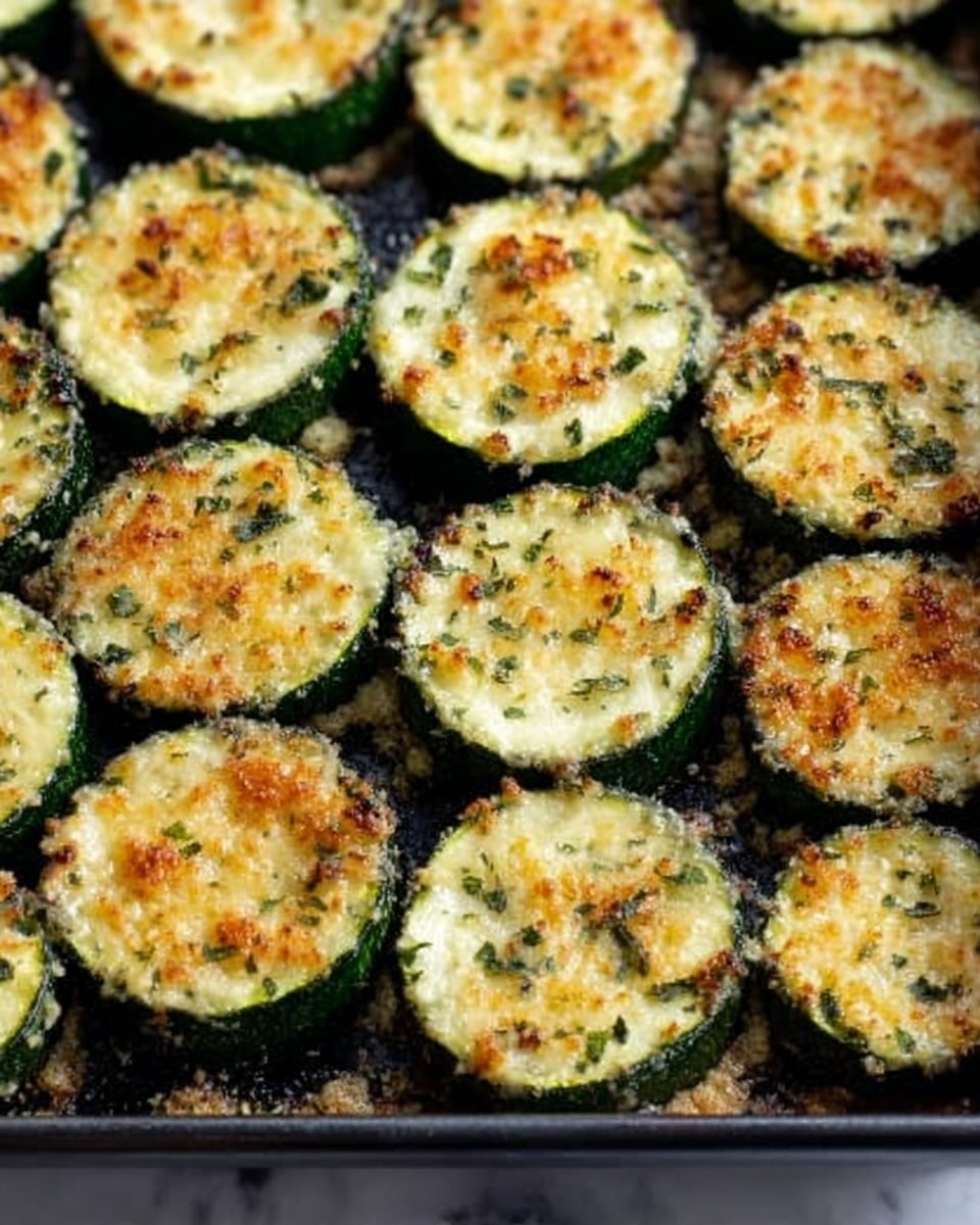 The image shows a baking tray filled with evenly spaced, round zucchini slices. Each slice is topped with a golden, slightly crispy layer of melted cheese mixed with herbs and sprinkled with breadcrumbs. The zucchini colors range from dark green on the outside to a juicy light green in the middle. The cheese layer has a bubbly texture with browned spots, and the herbs are scattered on top, adding a touch of green. The tray is placed on a white marbled surface. Photo taken with an iphone --ar 4:5 --v 7